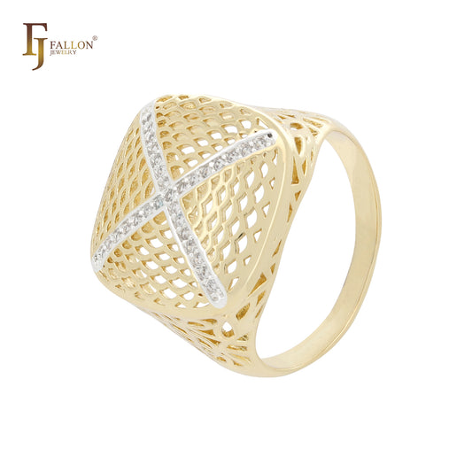 花丝图章簇白色方晶锆石 14K 金双色戒指