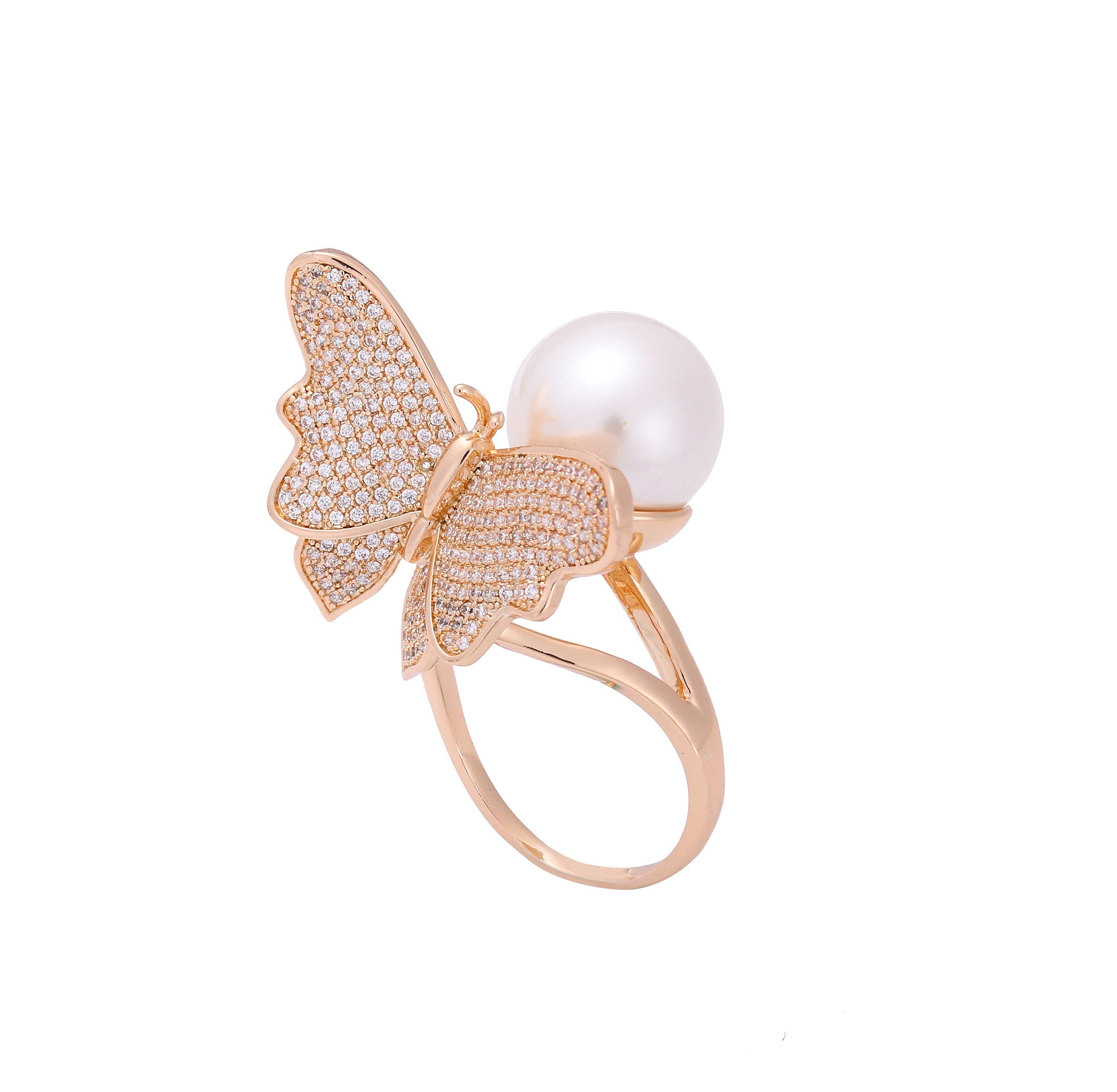 Borboleta cz branca pavimentada e pérola solitária Ouro rosa, anéis de ouro 14K