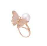 Borboleta cz branca pavimentada e pérola solitária Ouro rosa, anéis de ouro 14K