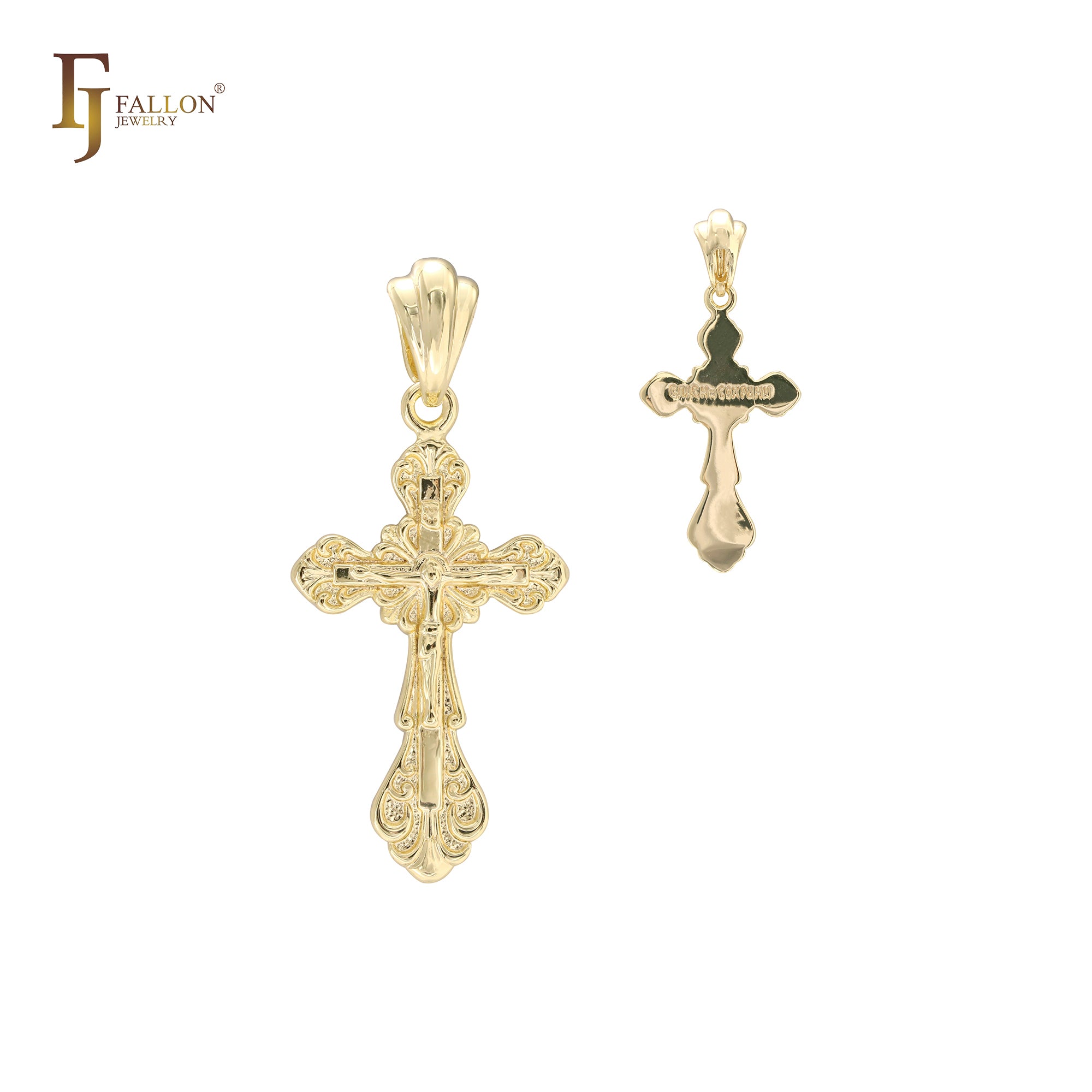 Pingente de cruz ortodoxa em ouro 14K, ouro rosa, crucifixo em ouro branco