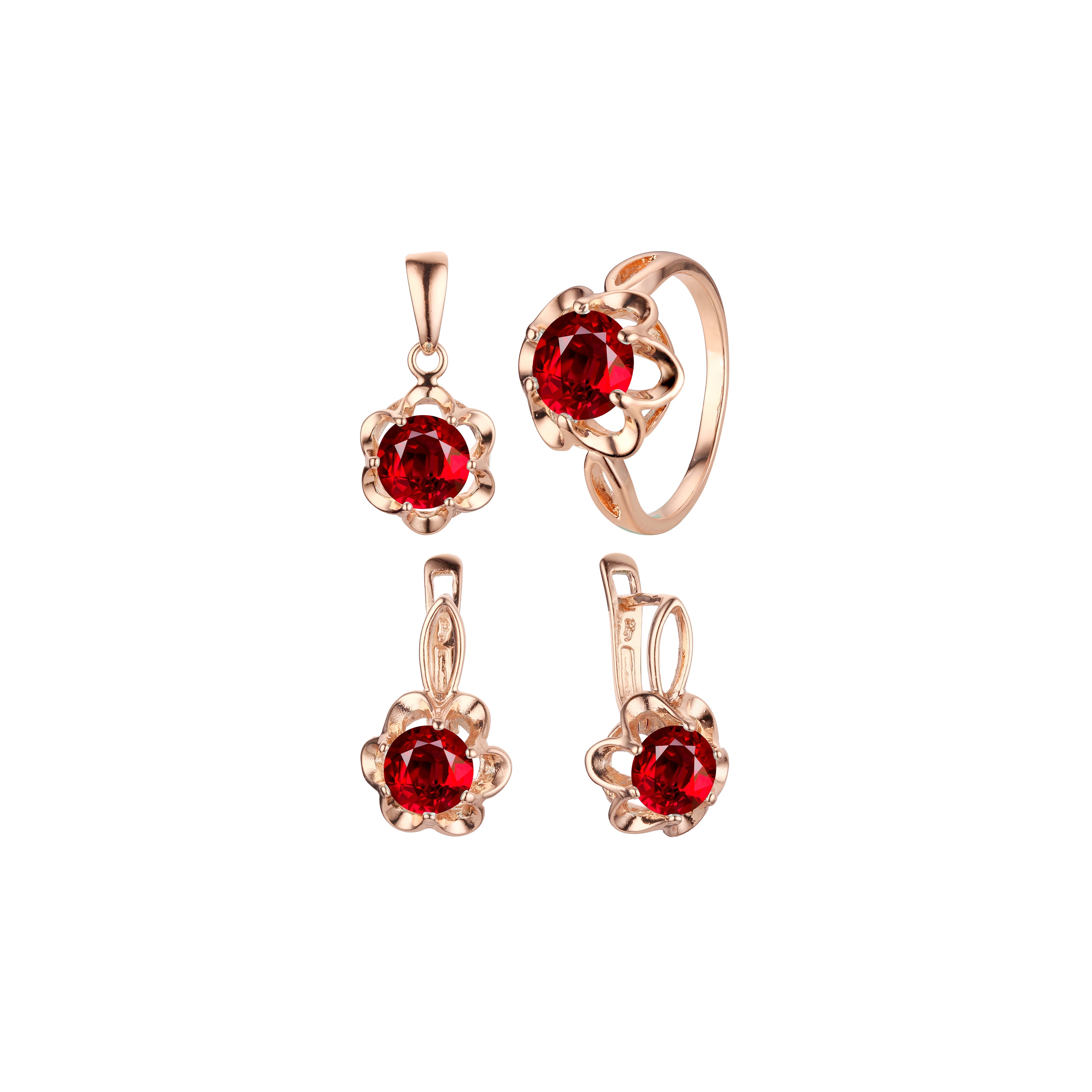 Conjunto de anéis de pedra grande com flor solitária e conjunto de joias com pingente banhado em ouro rosa