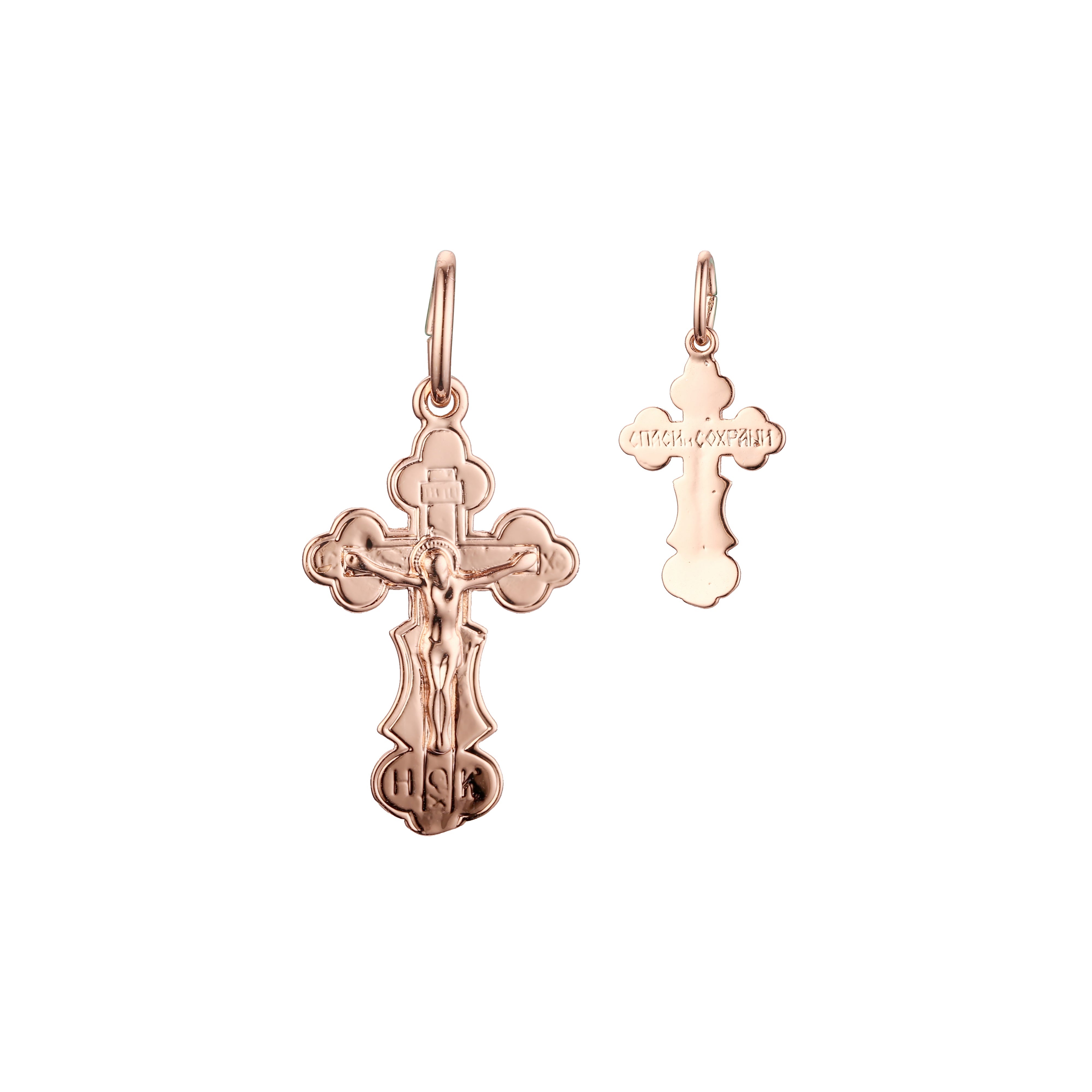 14K ゴールド、ローズゴールド、ホワイトゴールドメッキカラーのカトリッククロスつぼみペンダント