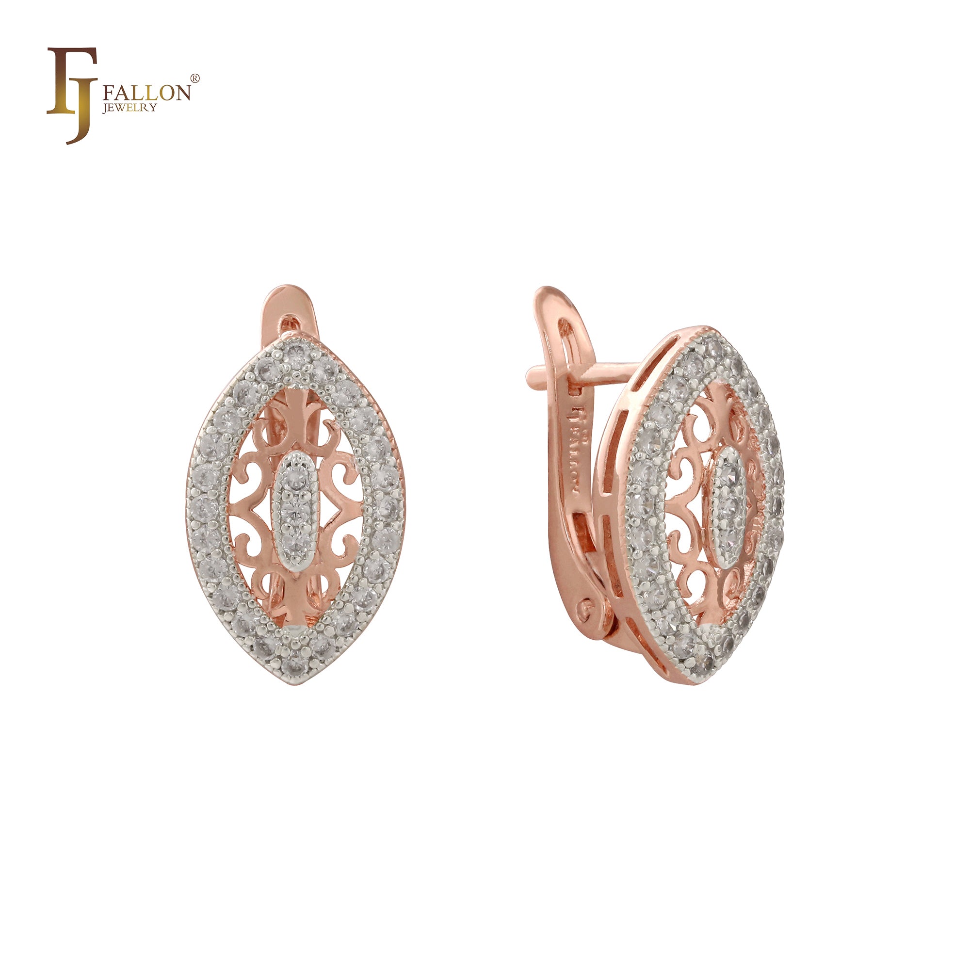 Brincos Marquise Filigrana Halo branco CZs em ouro 14K em dois tons