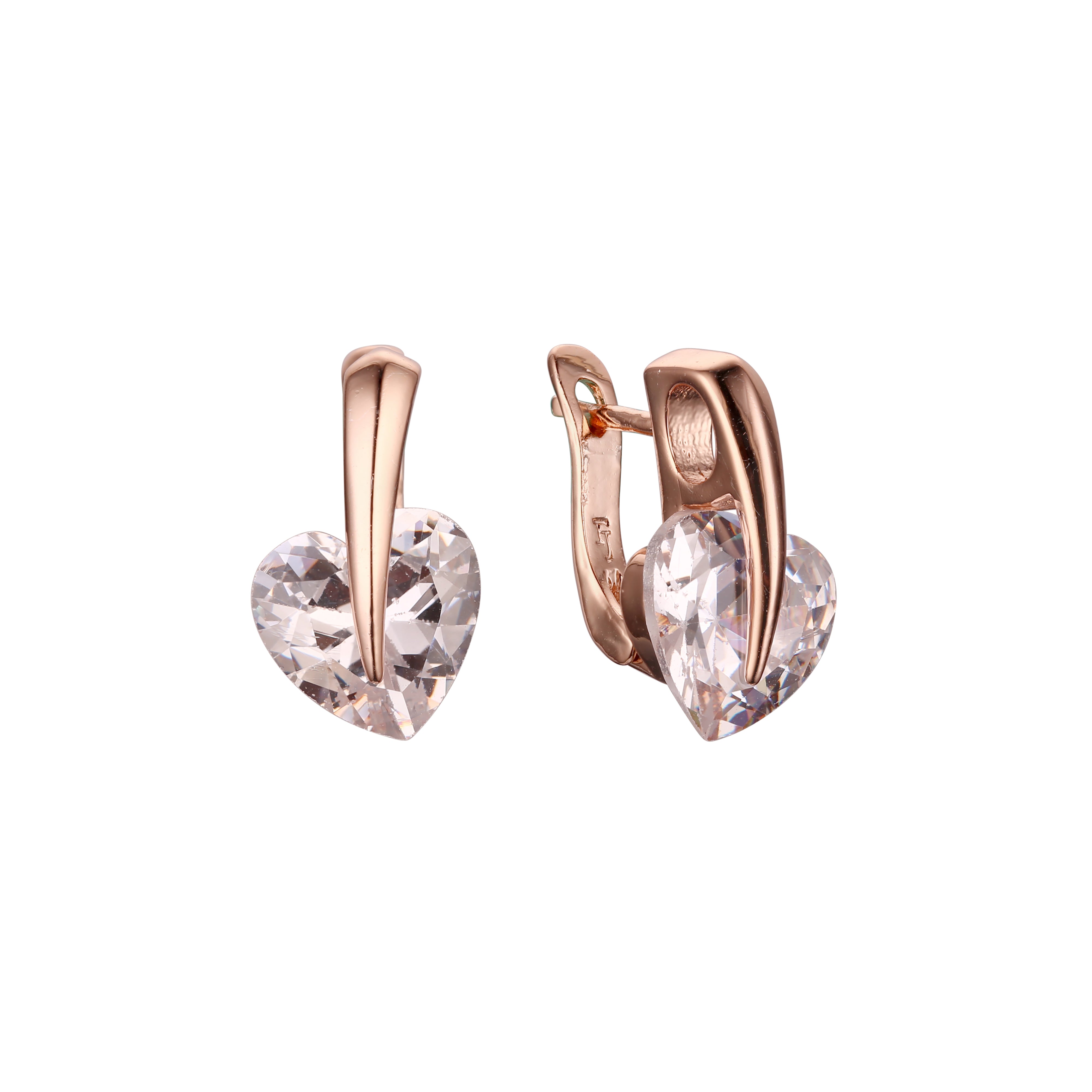 Solitär-Herz-Ohrringe mit buntem Zirkonia, 14 Karat Gold, Roségold und Weißgold