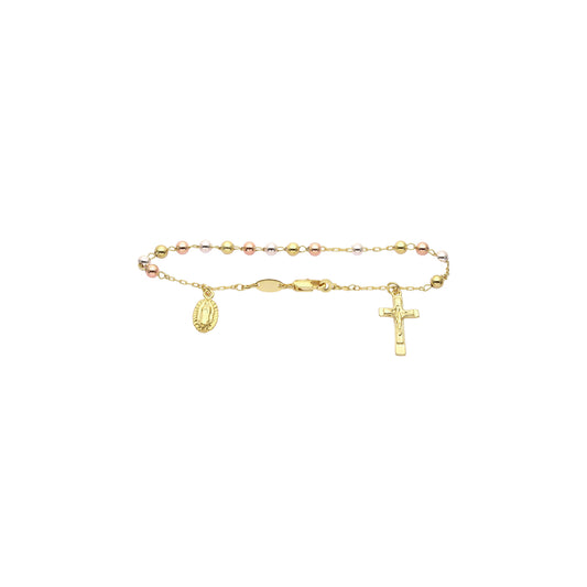Italian Virgin of Guadalupe Catholic Rosary Necklace (Polished Round Beads) plated in 14K Gold, 14K Gold two tone