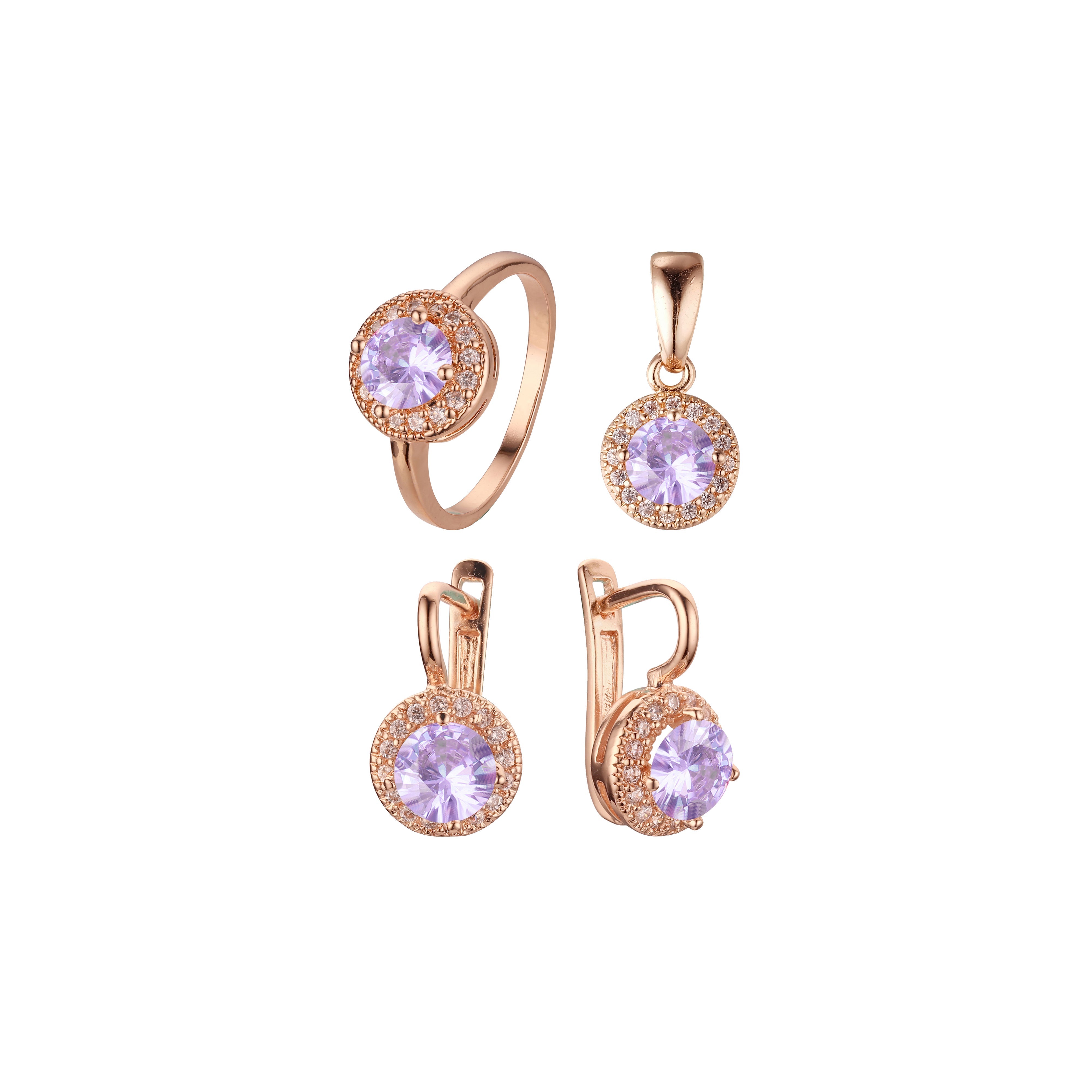 .Rosa's Halo - Big round colorful halo cz Rose Gold plated rings and pendant jewelry set