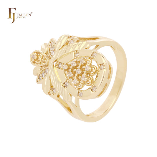 Conjunto em forma de flor de abacaxi CZs brancas em ouro 14K, anéis de ouro rosa