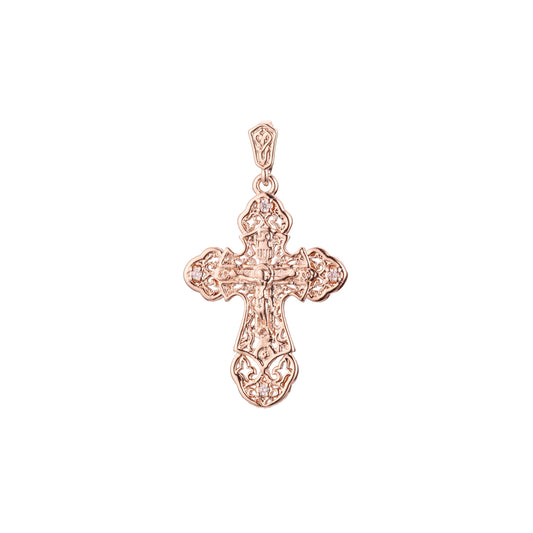 ローズゴールドと 14K ゴールドメッキカラーのカトリッククロスつぼみペンダント