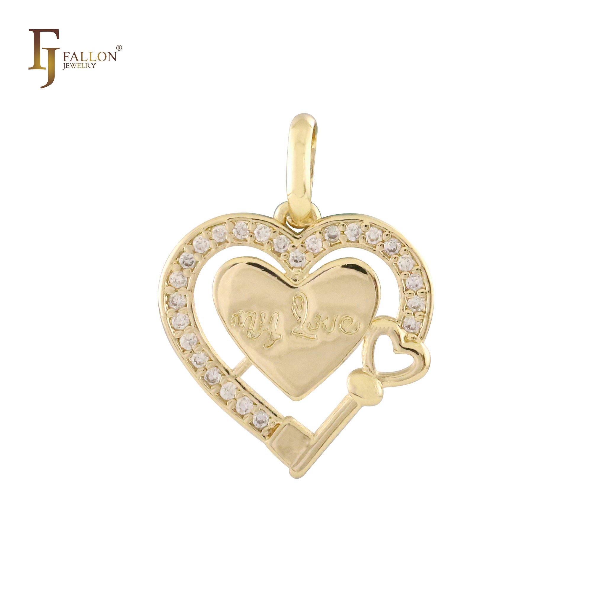 Chave e coração MY LOVE em ouro rosa, ouro 14K, pingente em ouro branco