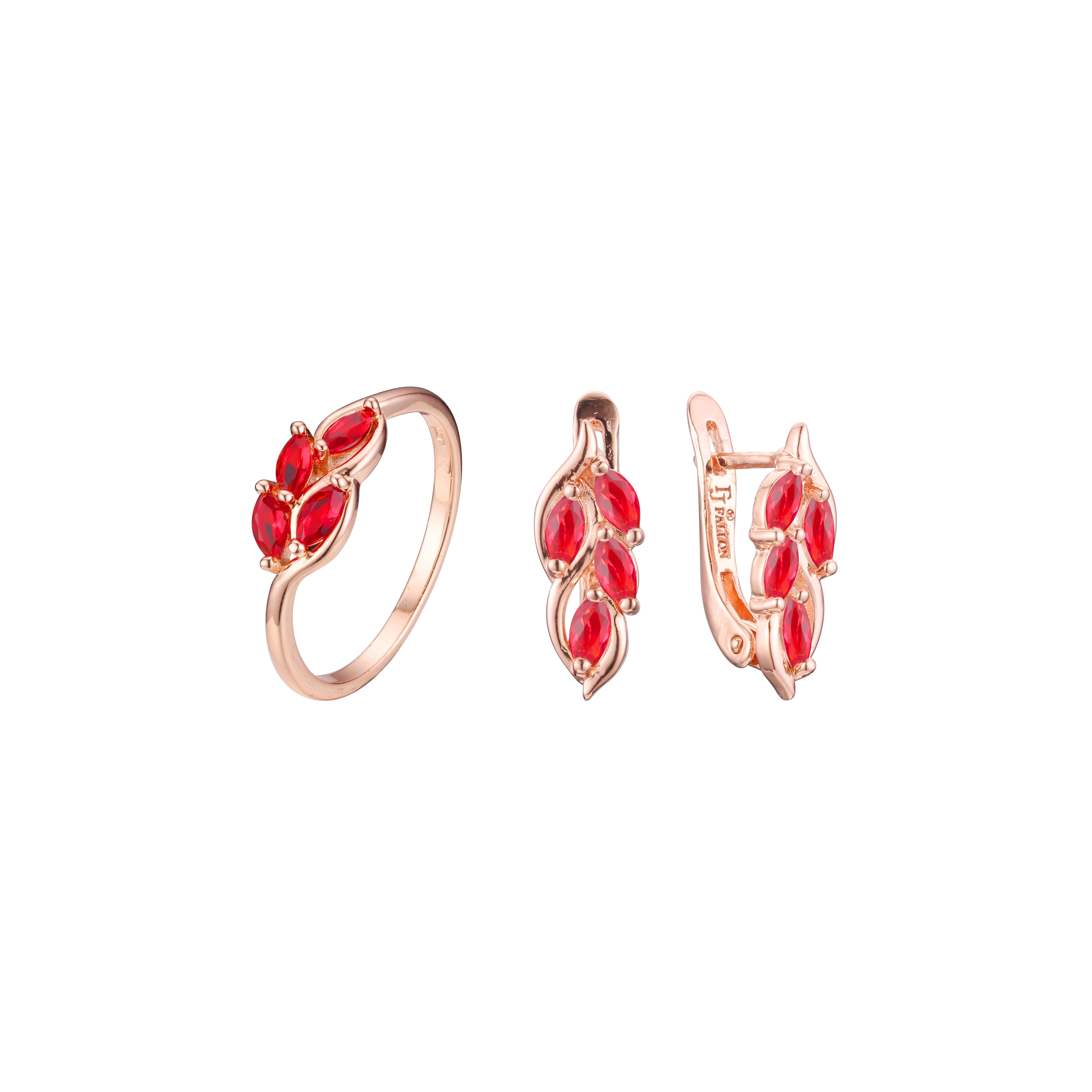 Conjunto de joias anéis de pedras marquise ouro rosa cluster vermelho