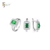 Conjunto de joias em ouro rosa com pedras esmeralda lapidadas com halo branco cz