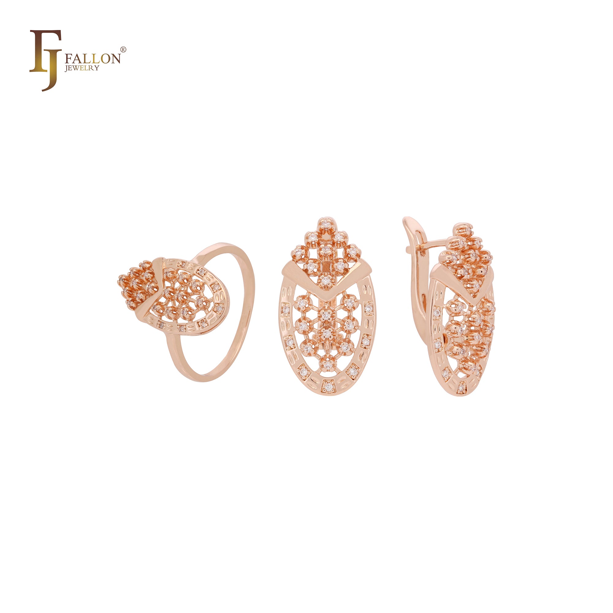 Filigran strukturiertes ovales Cluster weißer Zirkonia-Schmuckset aus Roségold mit Ringen