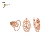 Filigran strukturiertes ovales Cluster weißer Zirkonia-Schmuckset aus Roségold mit Ringen