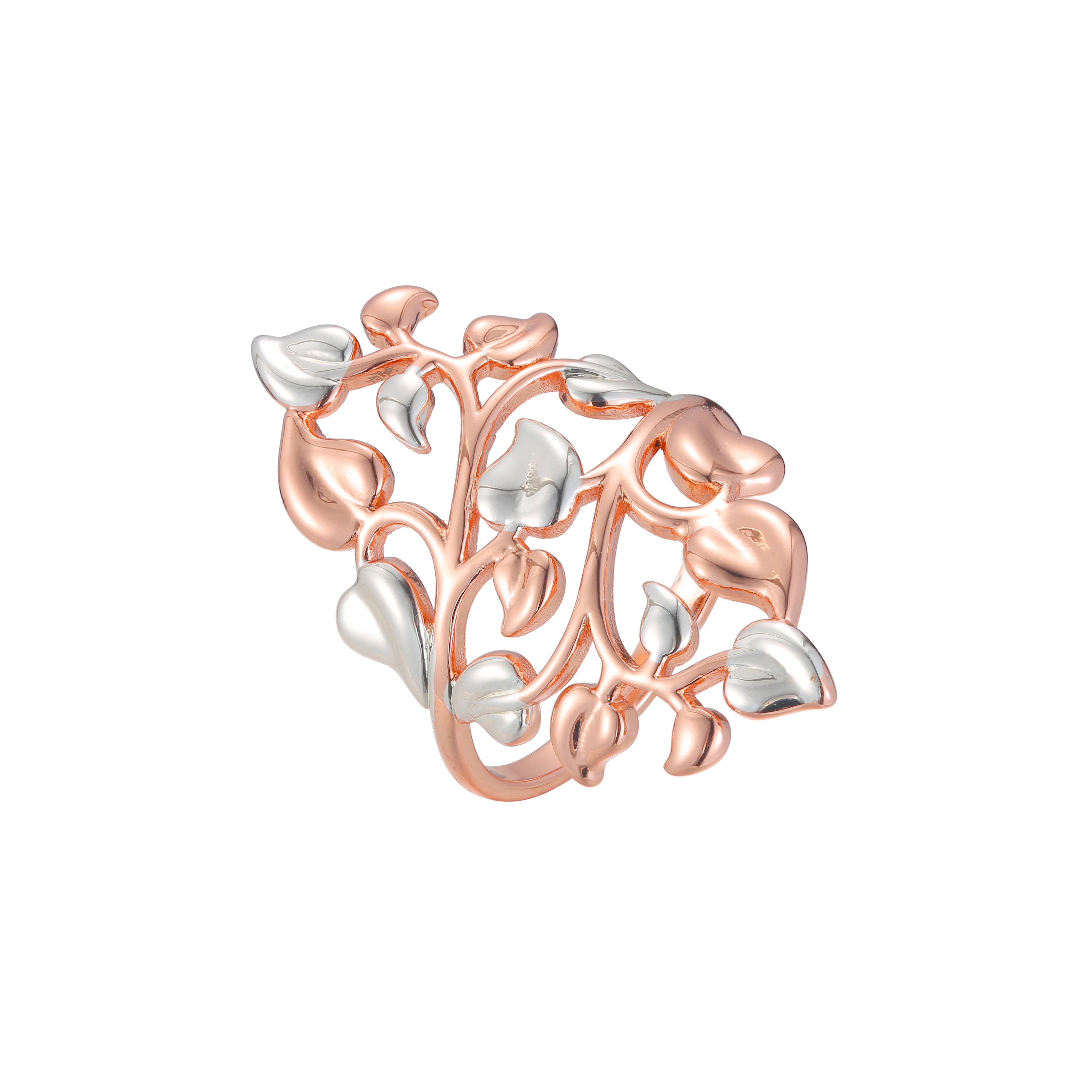 .Anel elegante com mil folhas folheado a ouro rosa em dois tons