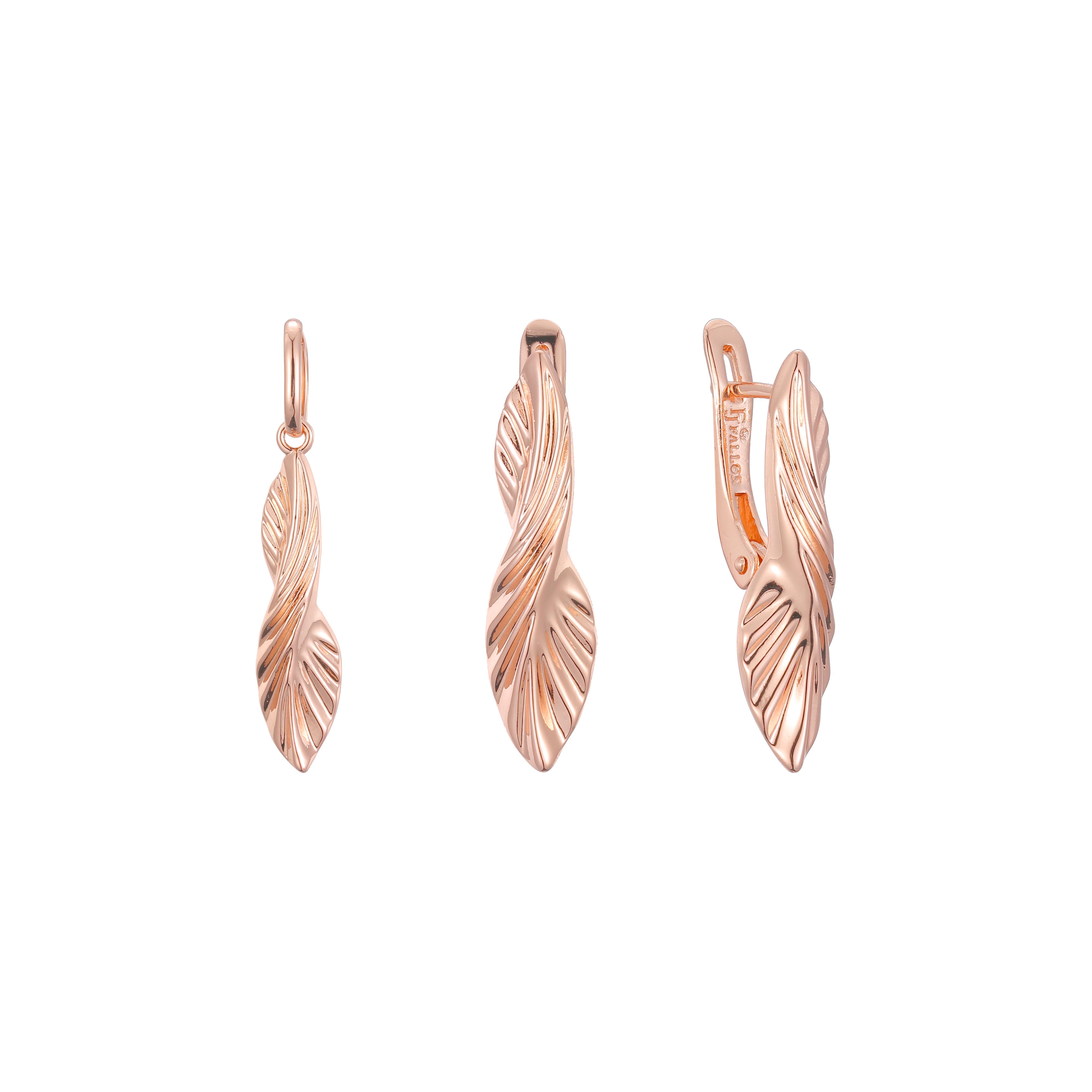 Elegante conjunto de joias em ouro rosa com folhas torcidas e pingente