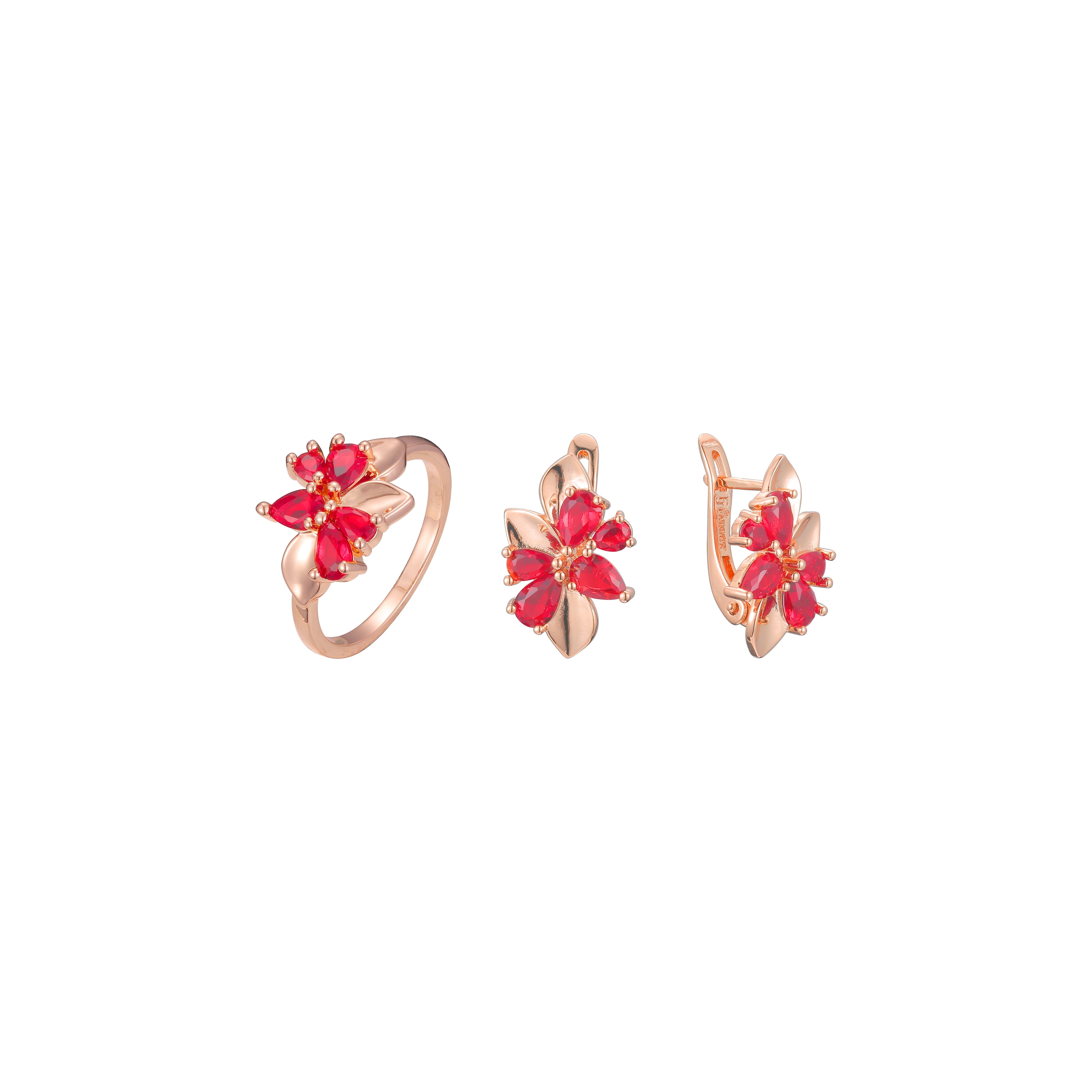 Rose Gold cluster red flower and leaves set