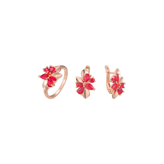 Conjunto de flores y hojas rojas en racimo de oro rosa