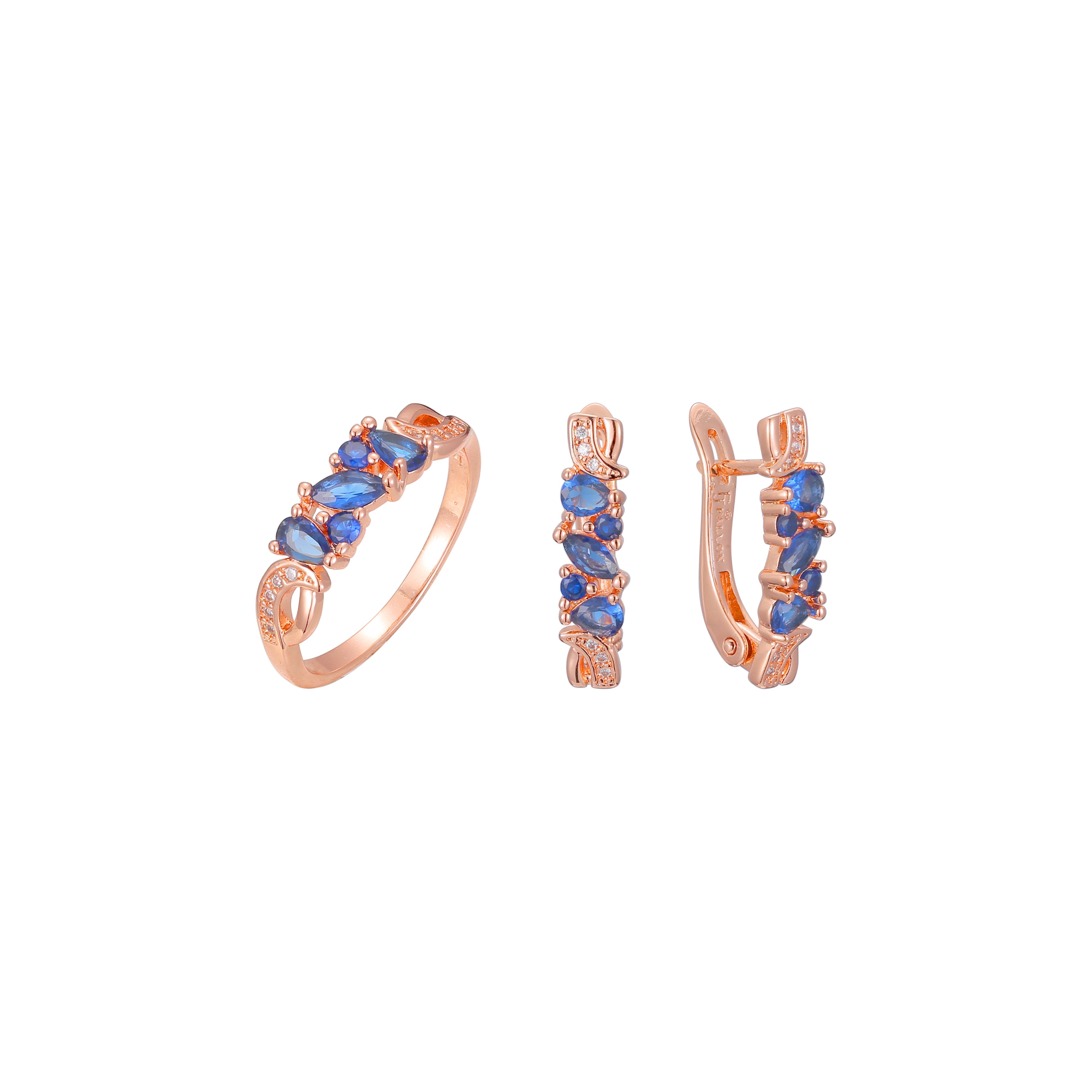 Lujoso juego de joyas de anillos de racimo chapados en oro rosa.