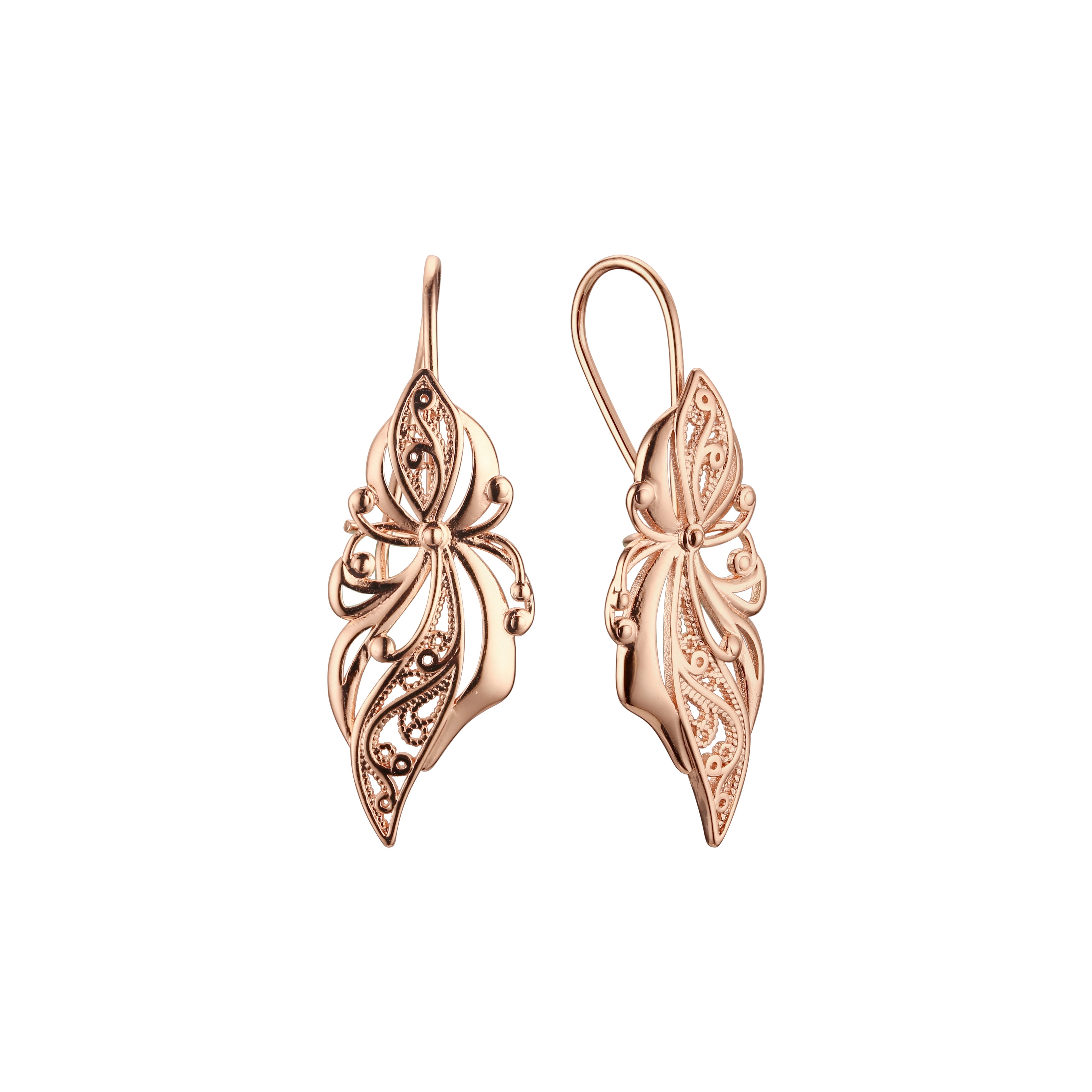 .Flower wire hook earrings in Rose Gold, two tone plating colors