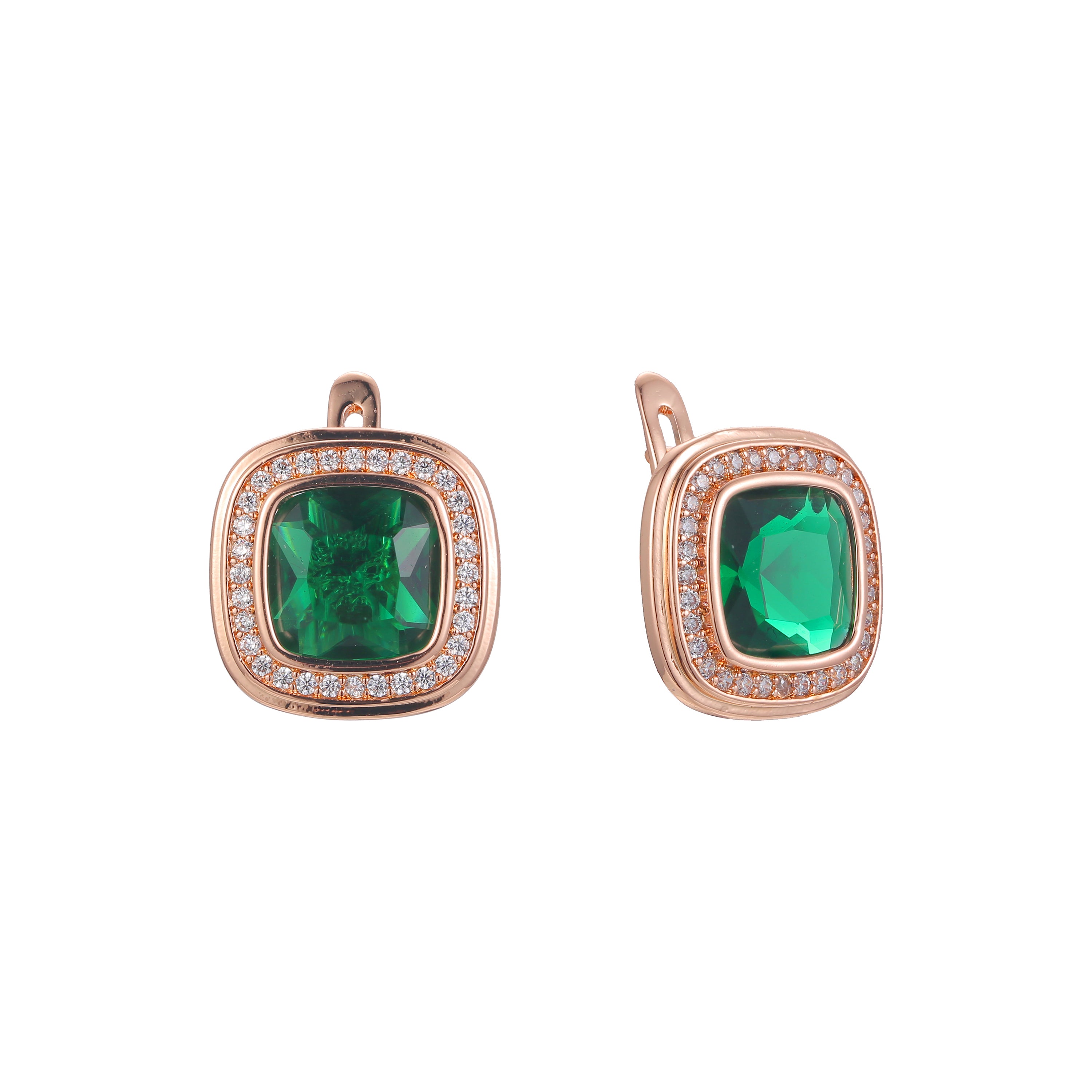 Brincos solitários de ouro rosa com zircônia cúbica esmeralda e corte almofada