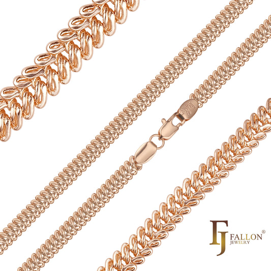 Fish bone triple cable link chains plated in 14K Gold, Rose Gold, two tone
