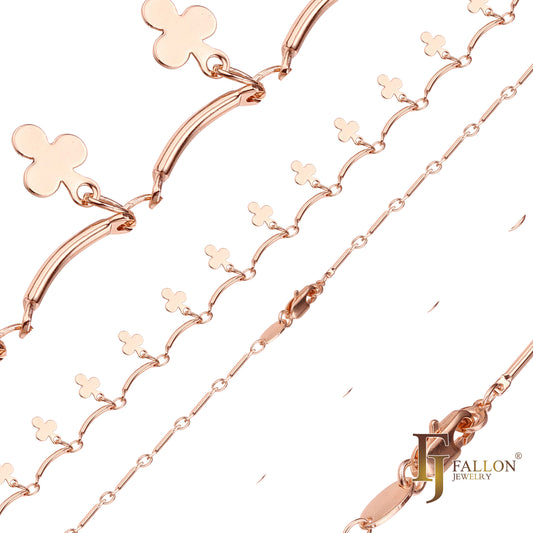 Fancy bar and clover link chains plated in 14K Gold, Rose Gold