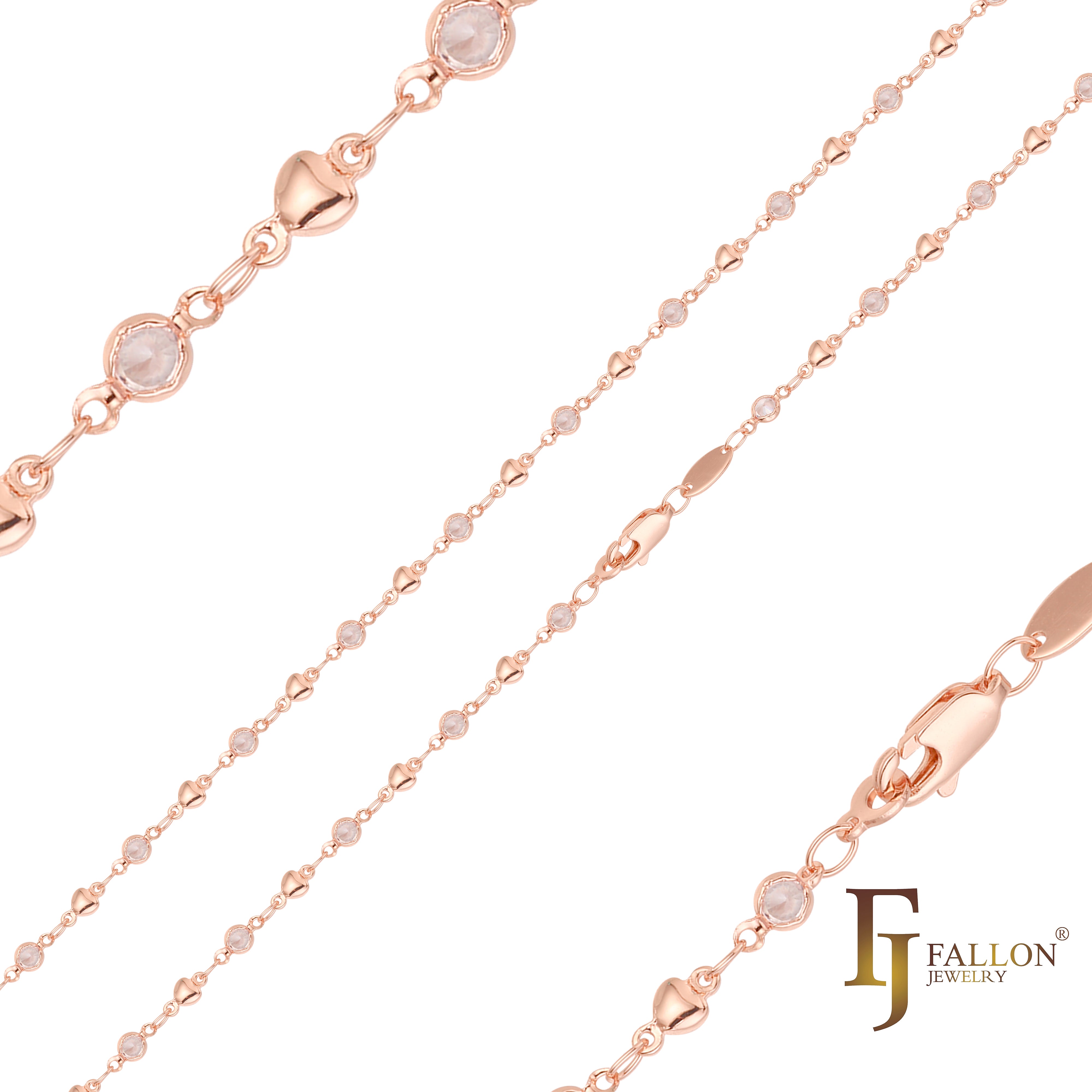 Cadenas de eslabones de perlas de corazón de fantasía y piedras blancas chapadas en oro rosa.