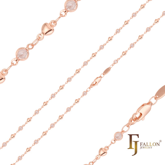 Cadenas de eslabones de perlas de corazón de fantasía y piedras blancas chapadas en oro rosa.