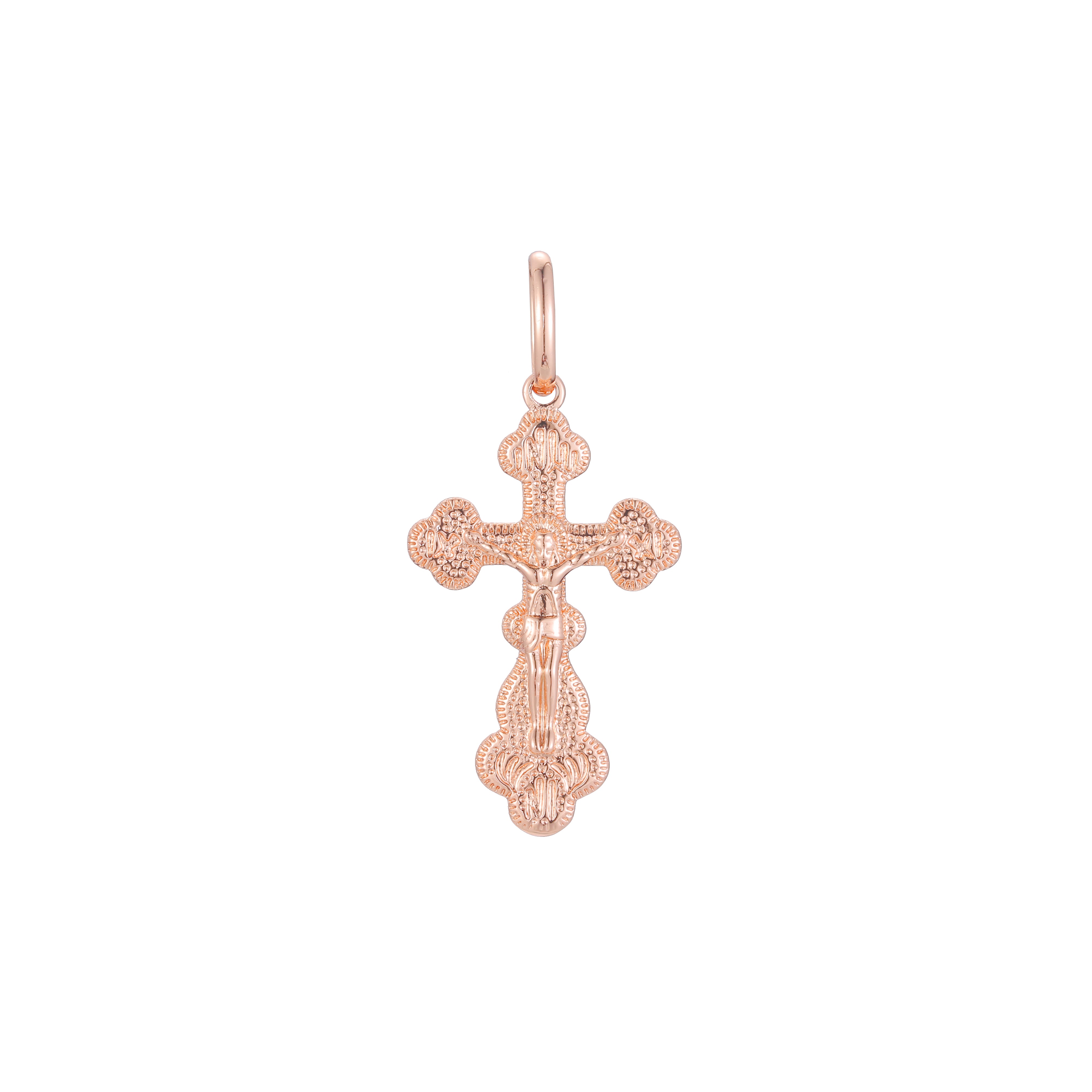 14K ゴールド、ローズゴールド ツートンカラー、ホワイト ゴールド メッキ カラーのカトリック クロスつぼみペンダント