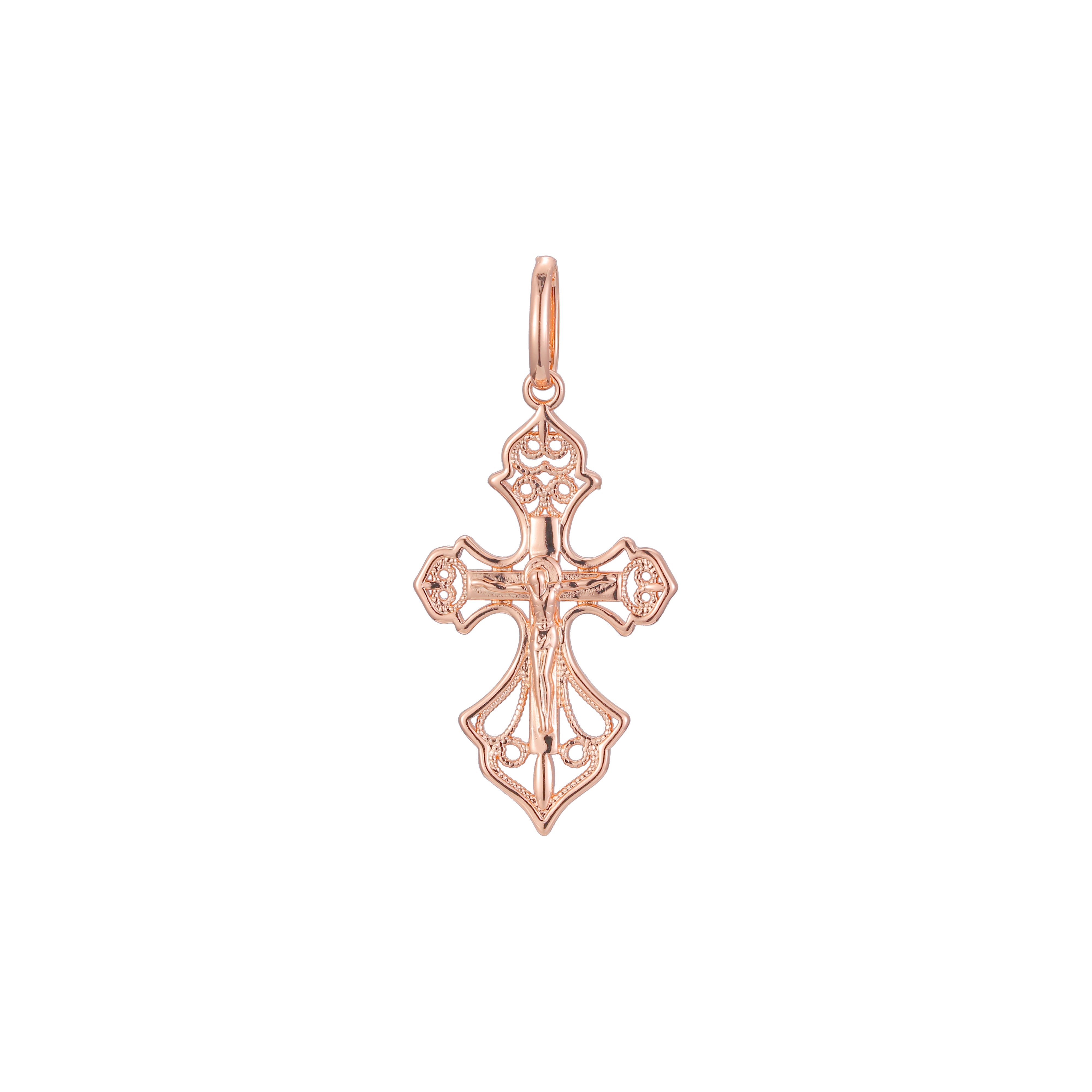 Pingente de cruz católica em ouro 14K, ouro rosa com duas cores de revestimento