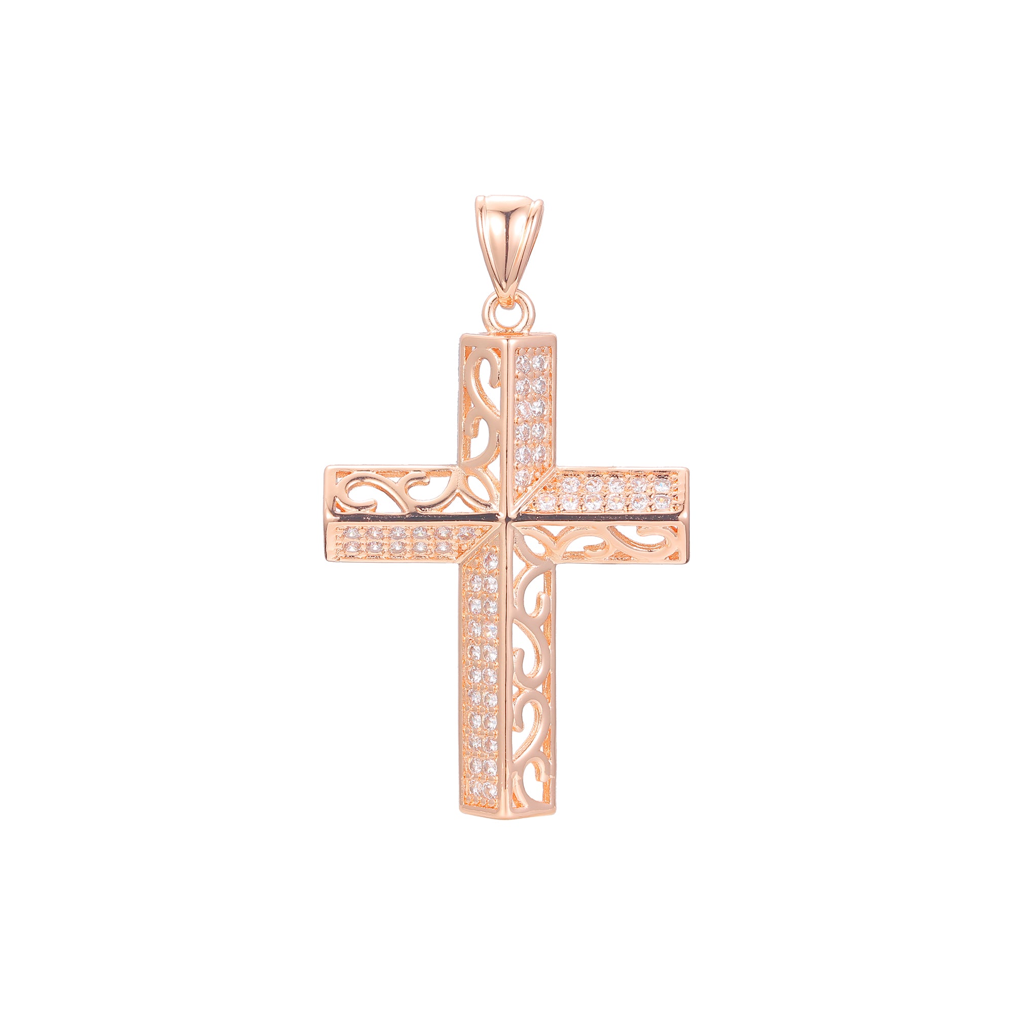 Filigree paved White CZ Rose Gold cross pendant