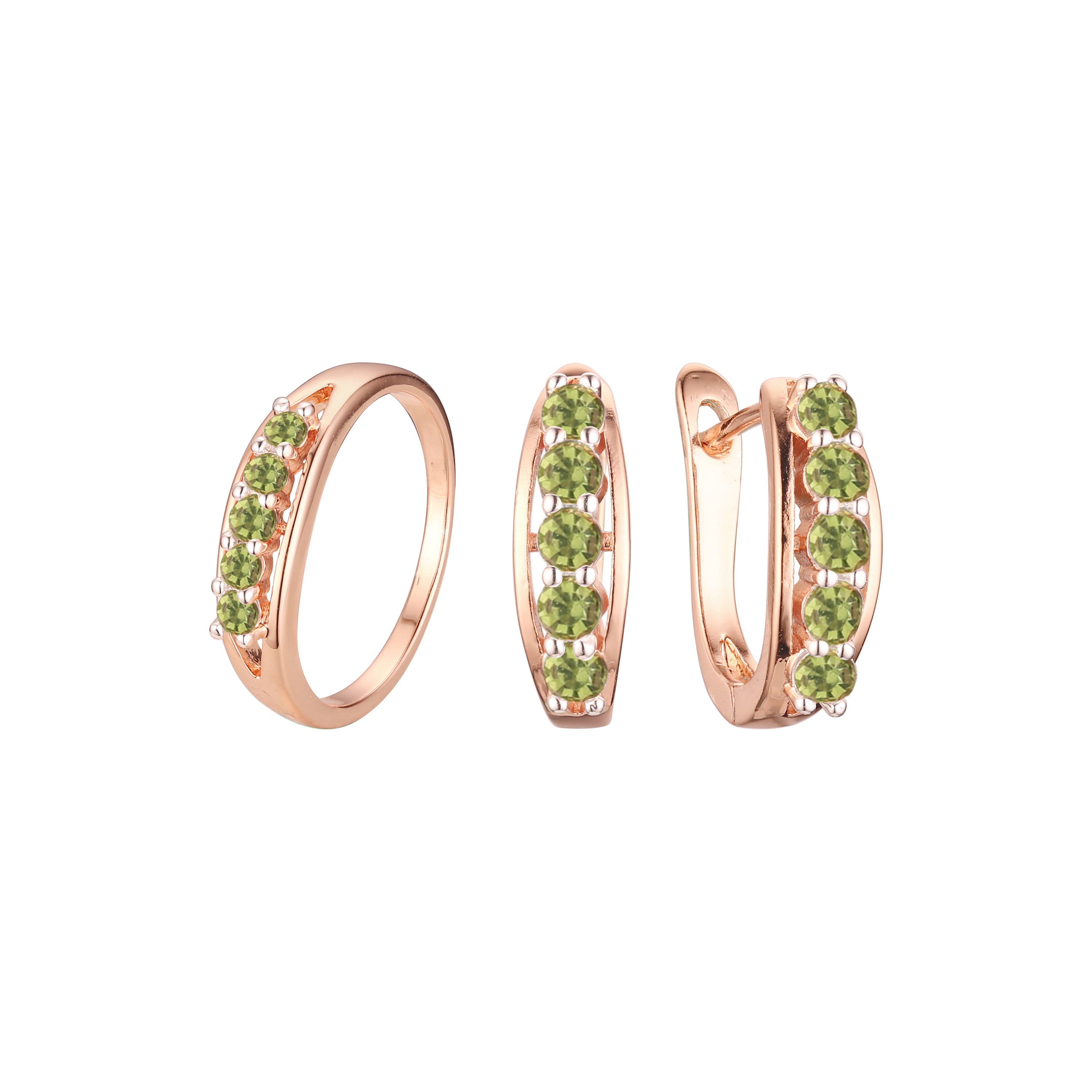 Conjunto de joias de anéis de ouro rosa de dois tons e cinco pedras coloridas cluster cz