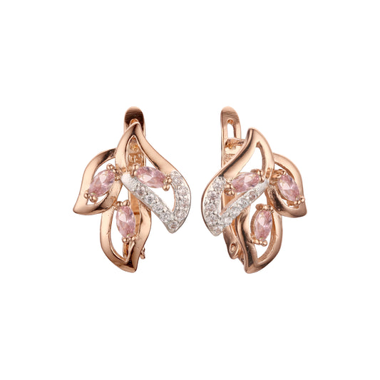 Aretes de circonitas coloridas en racimo de tres hojas en Oro 14K, oro rosa, dos tonos de colores