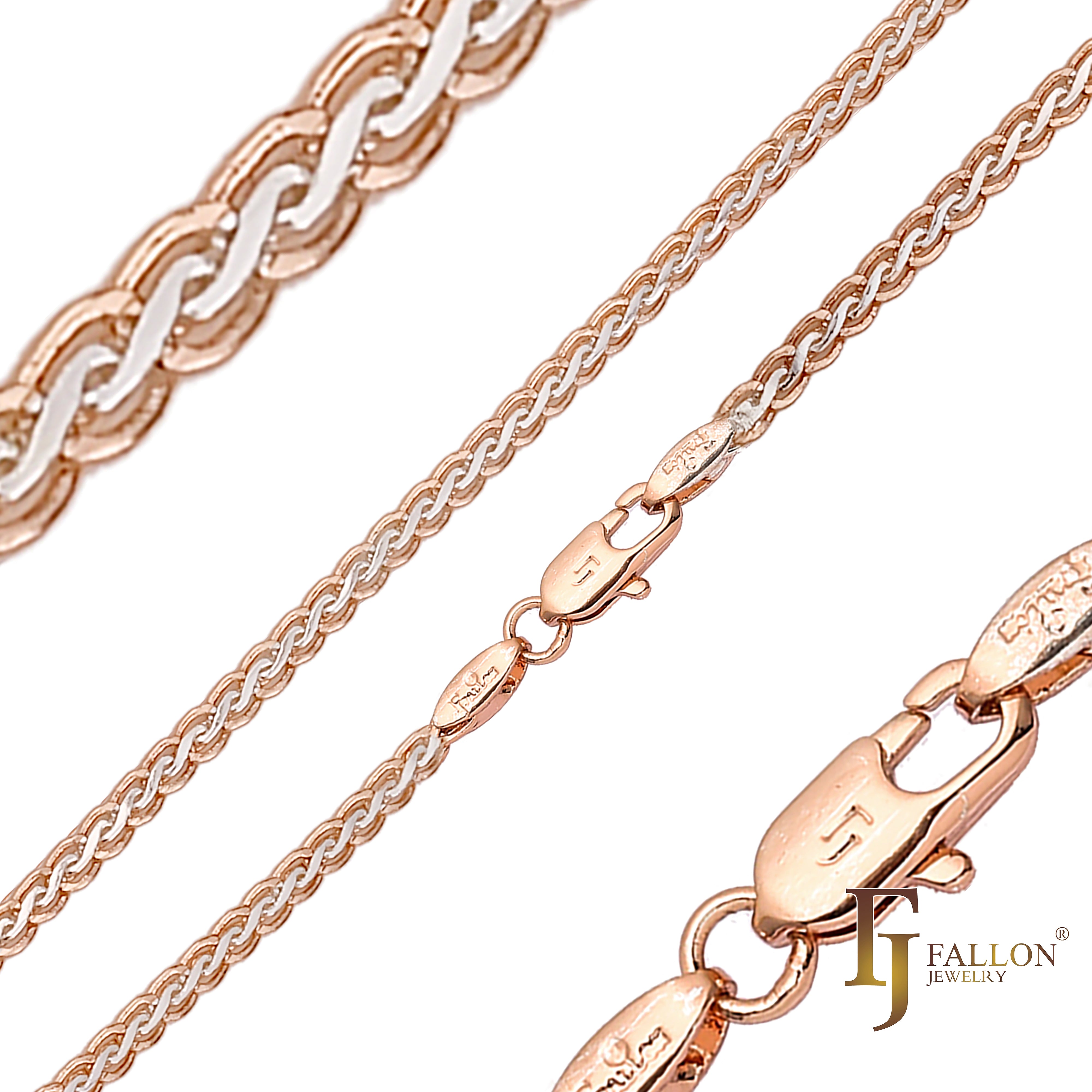 Cadenas brillantes de trigo Spiga chapadas en oro blanco, oro de 14 quilates, oro rosa, dos tonos