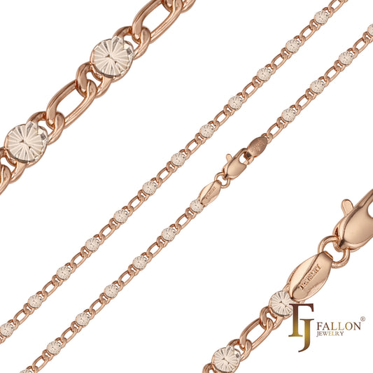 🔥 Figaro Fancy link sunburst hammered chains plated in 14K Gold, Rose Gold, two tone