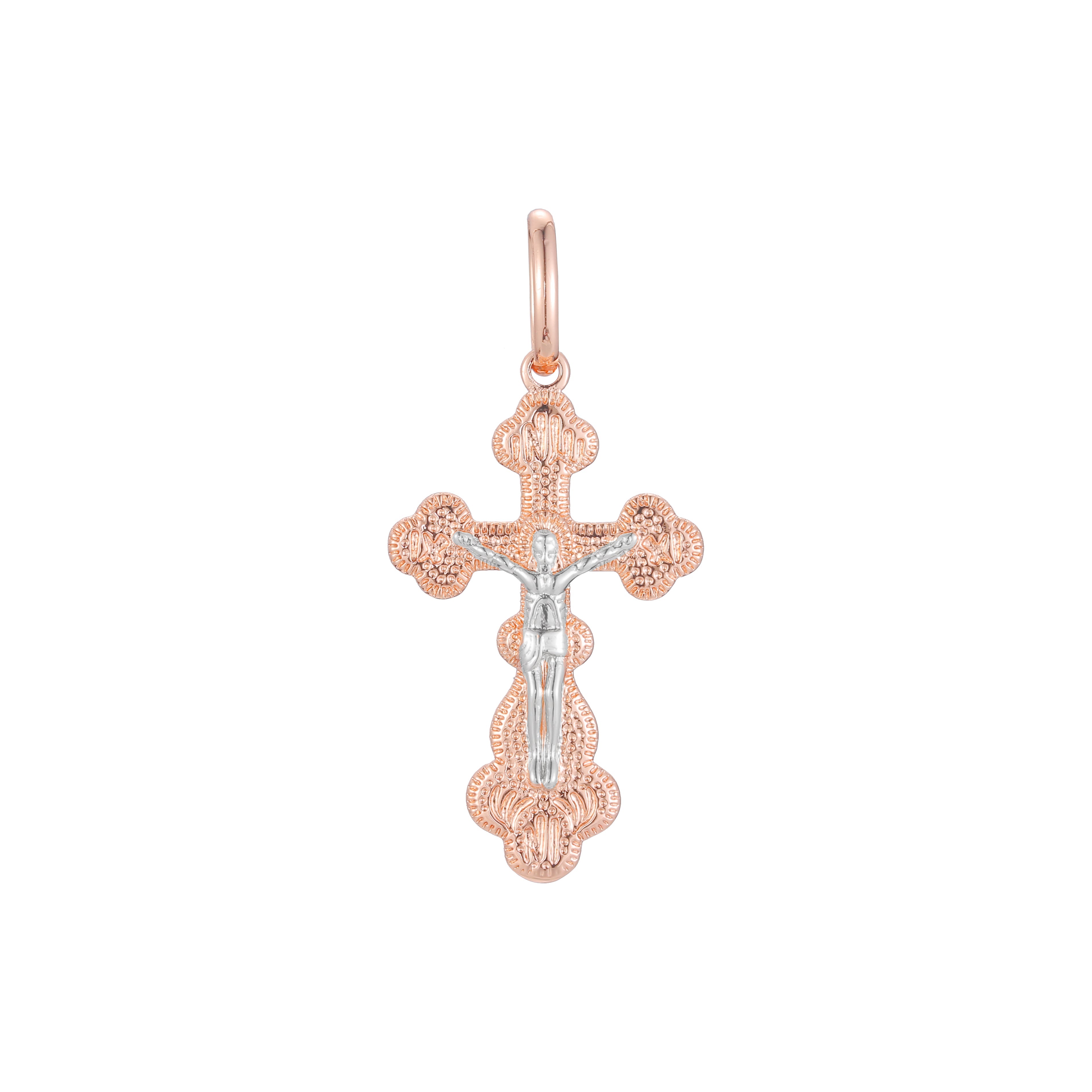 14K ゴールド、ローズゴールド ツートンカラー、ホワイト ゴールド メッキ カラーのカトリック クロスつぼみペンダント