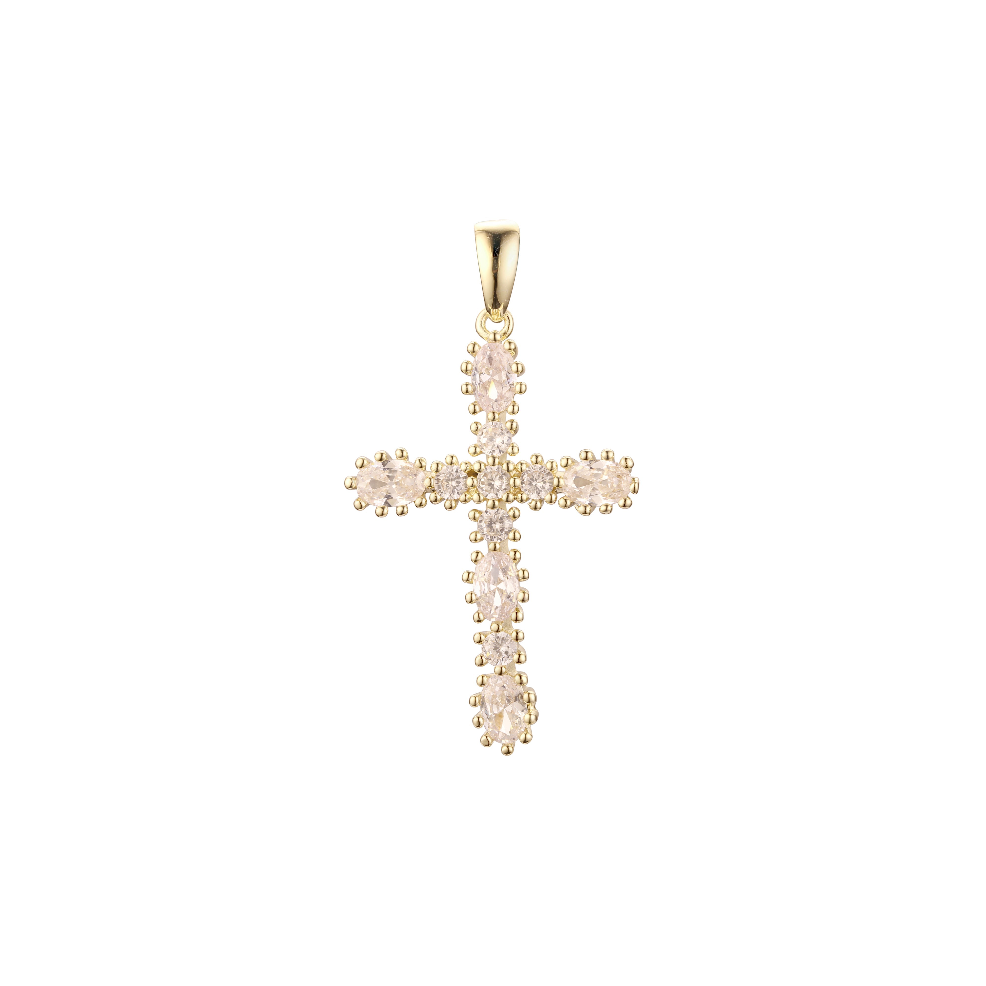Big Radiant Cut Cluster white CZs Rose Gold, 14K Gold Latin Cross Pendant