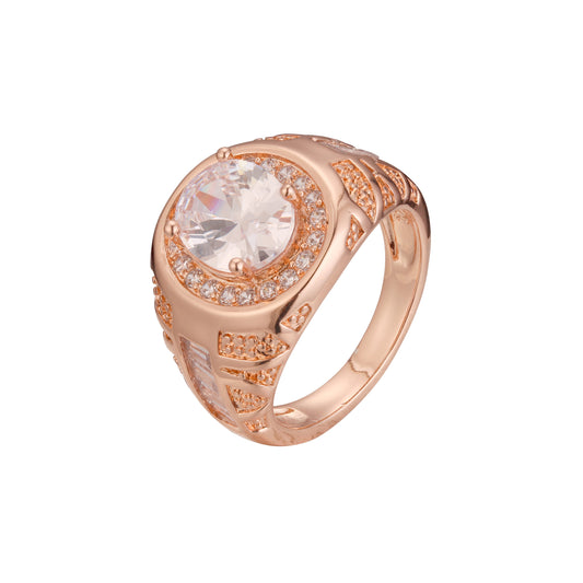 Anéis solitários redondos de ouro rosé com sinete masculino branco CZ