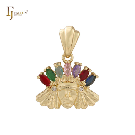 Indian Chief colorful Marquise CZs 14K Gold pendant