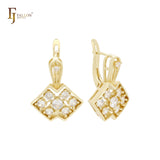 Double rhombus white CZs cluster 14K Gold earrings