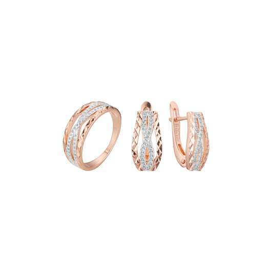 Conjunto de piedras cruzadas dobles de dos tonos de oro rosa