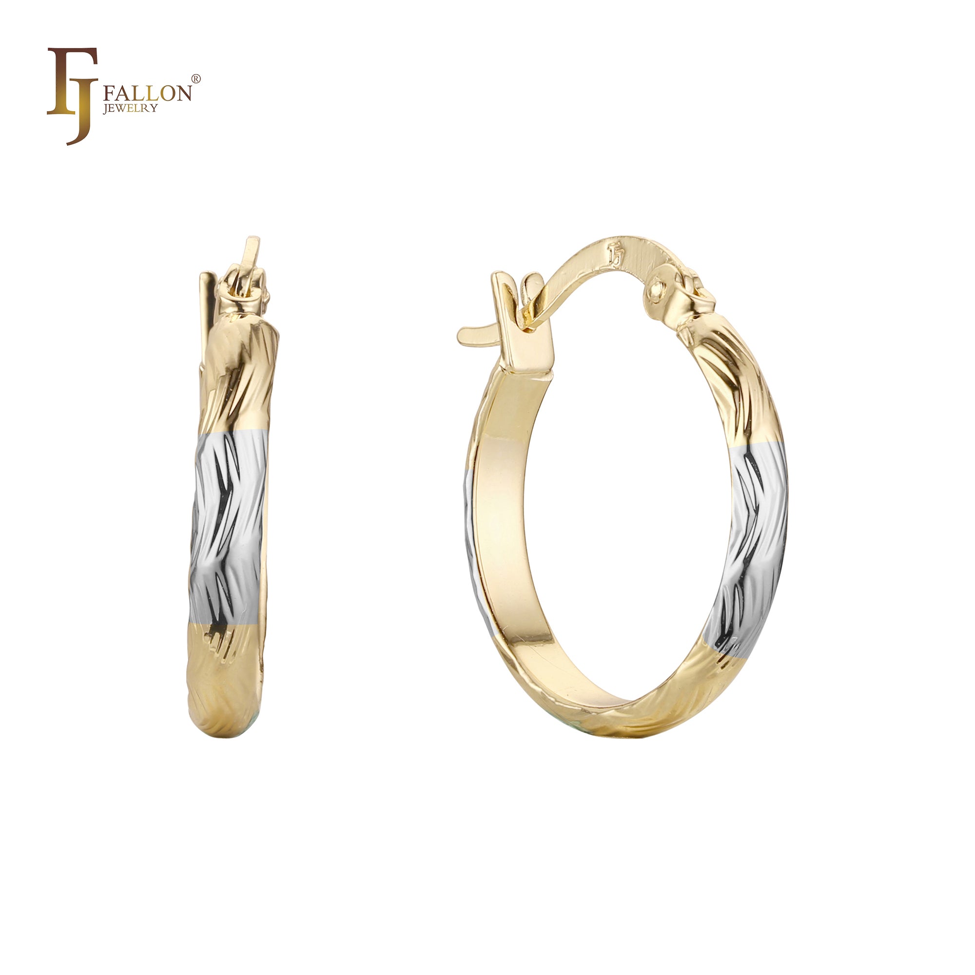 Glossy and zigzag textured 14K Gold two tone Hoop Earrings