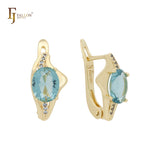 Brincos solitários de ouro 14K, ouro branco e zircônia cúbica azul lago