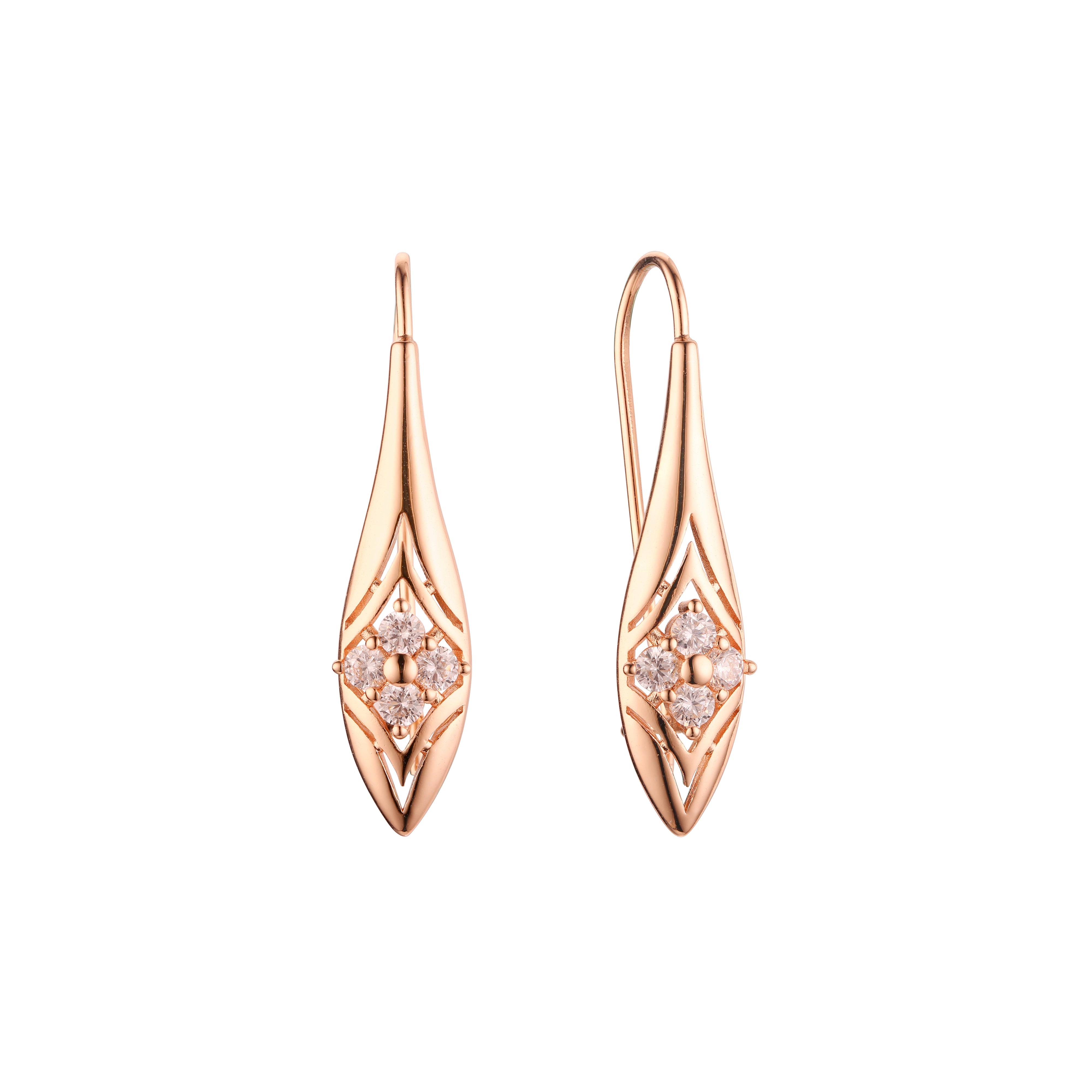 Long tall solitaire white CZ Rose Gold wire hook earrings