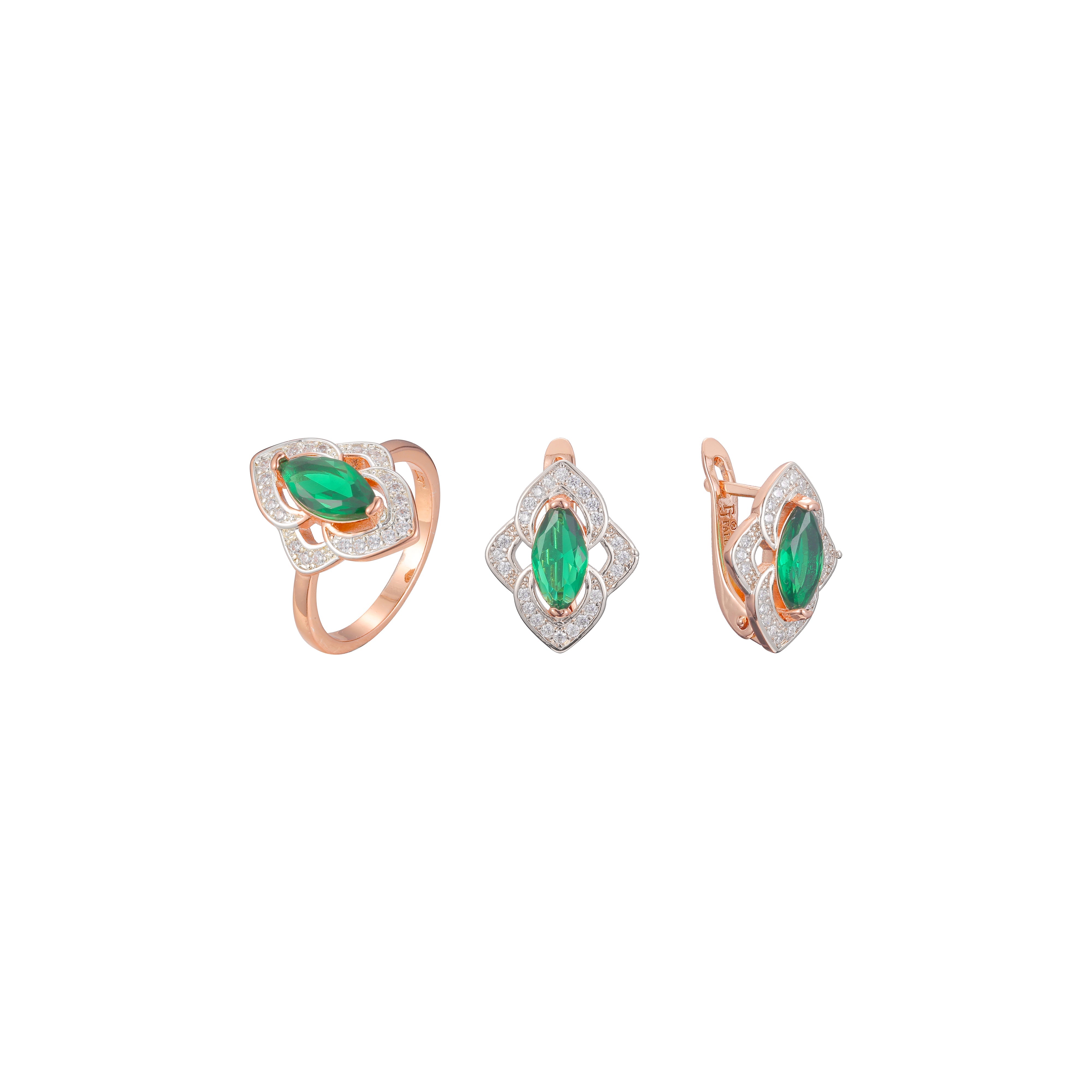 Rose Gold two tone solitaire emerald set with double layers paving stones