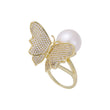 Borboleta cz branca pavimentada e pérola solitária Ouro rosa, anéis de ouro 14K