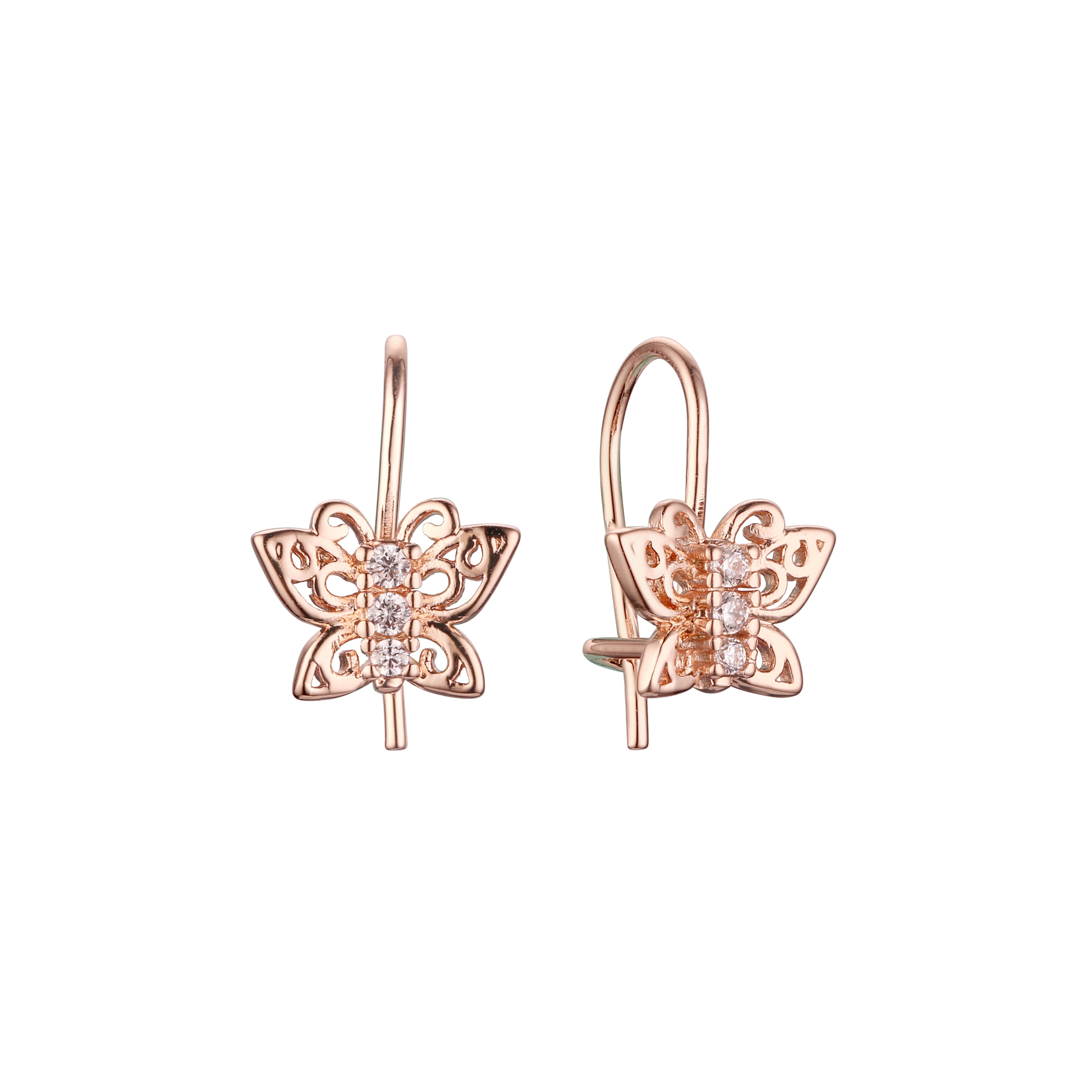 Butterfly Child Wire Hook Earrings – Rose Gold Plated CZ Kids Jewelry | Cute Filigree Design by FJ