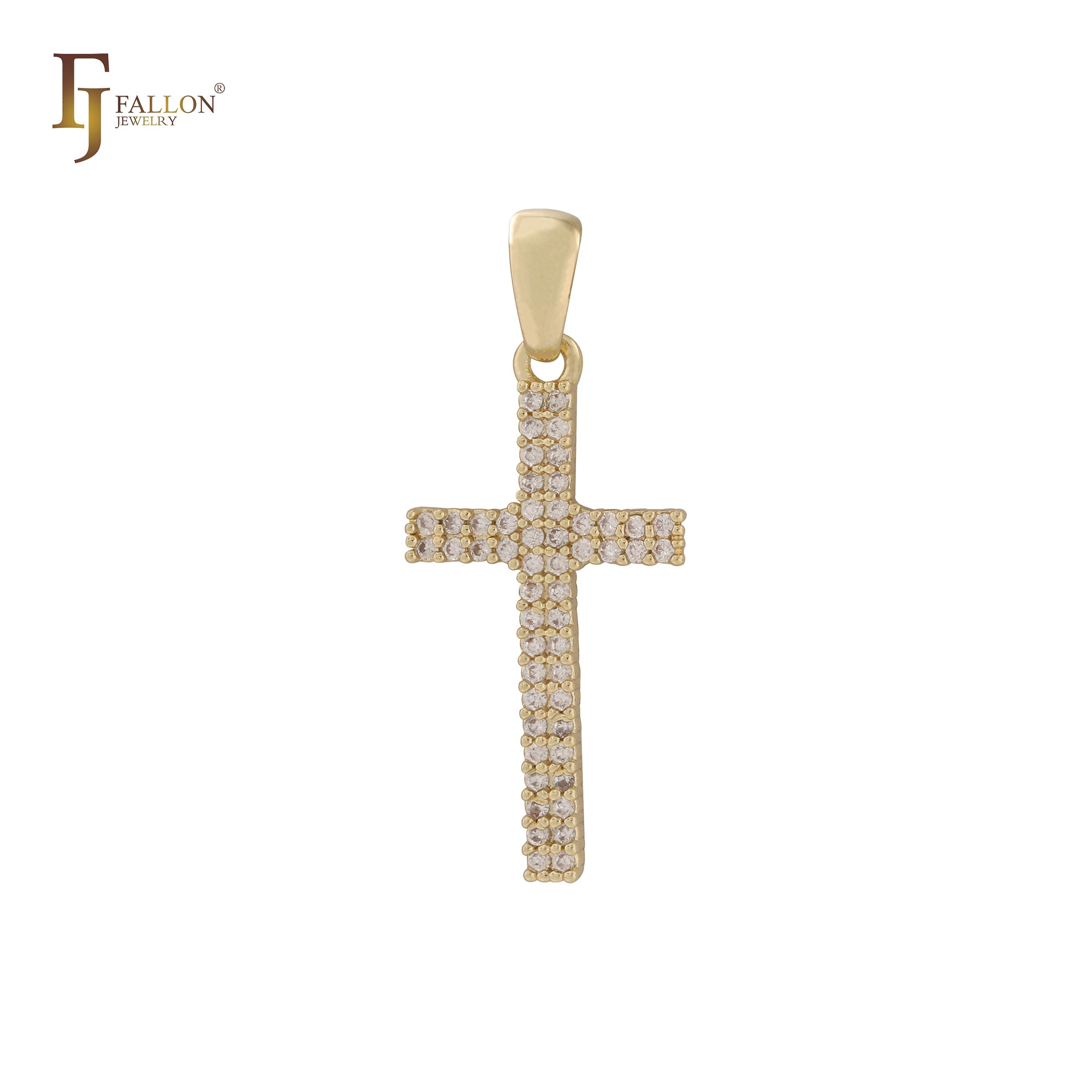 Pingente de cruz em ouro 14K CZs branco cluster latino