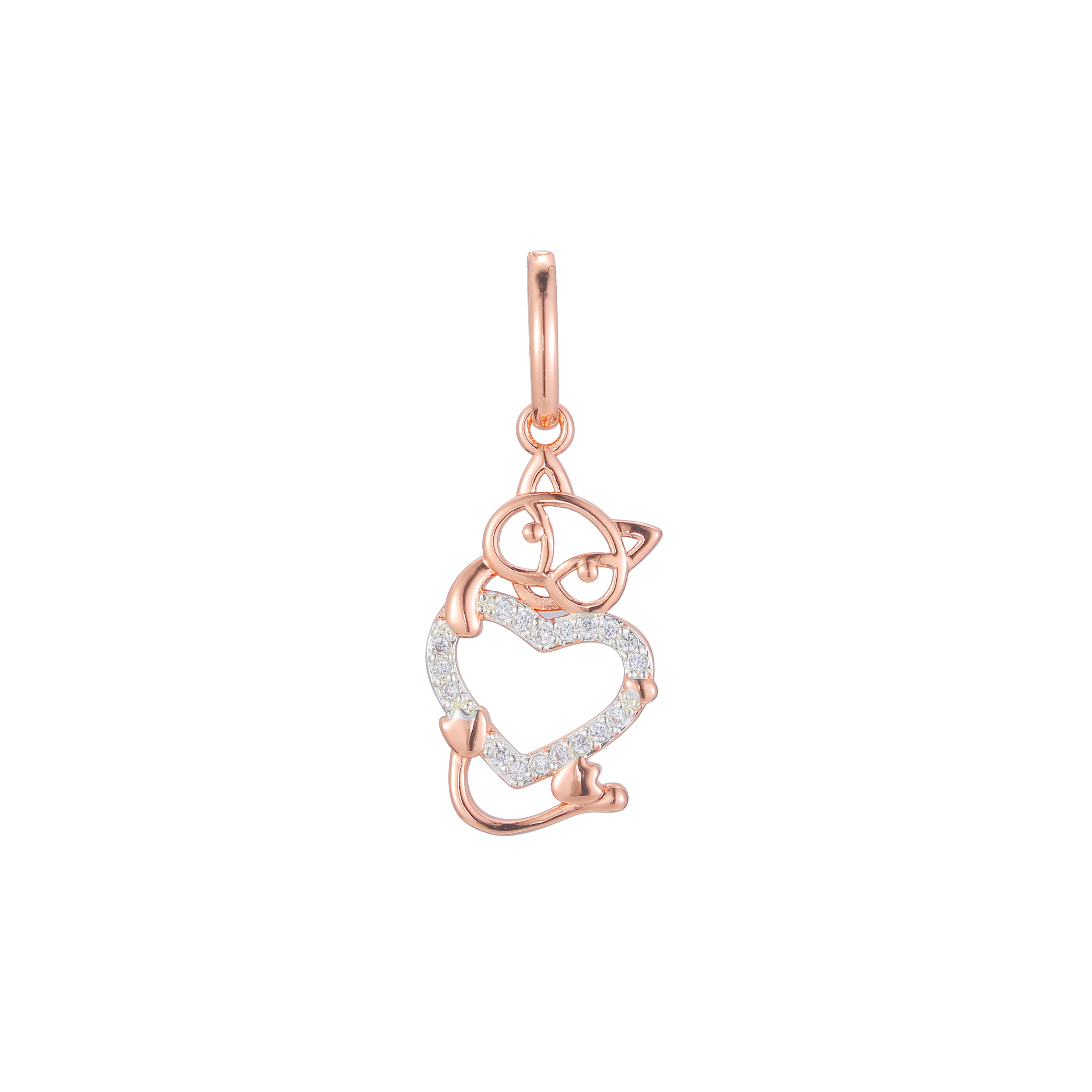 Cat holding heart animal pendant in 14K Gold, Rose Gold two tone plating colors