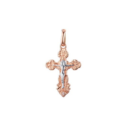 Pingente de cruz católica em ouro 14K, ouro rosa com duas cores de revestimento